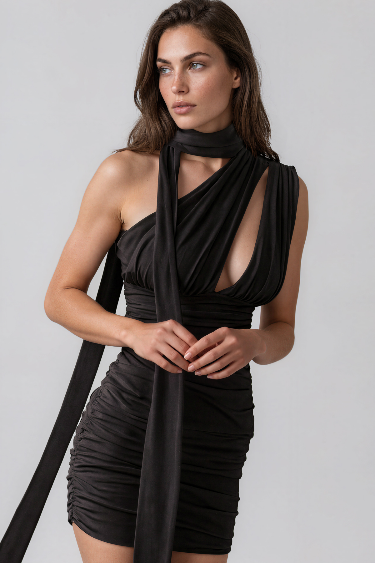 Kei Asymmetric Cutout Ruch Mini Dress