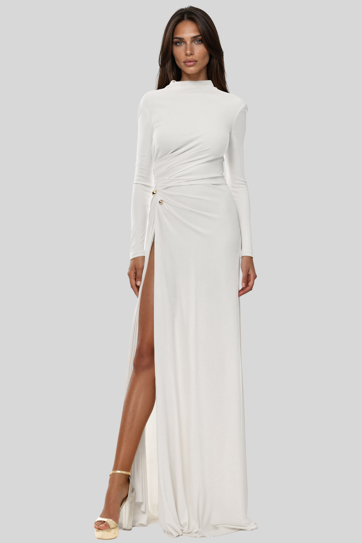 Keilah Long Sleeve Ruch Split Maxi Dress