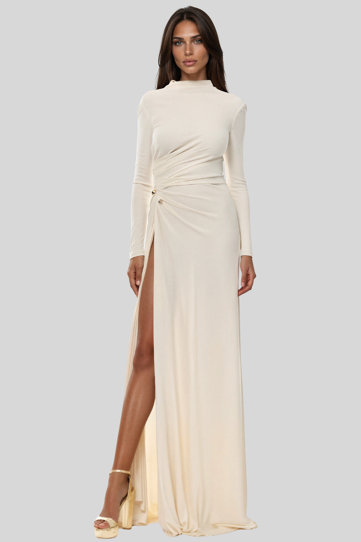 Keilah Long Sleeve Ruch Split Maxi Dress