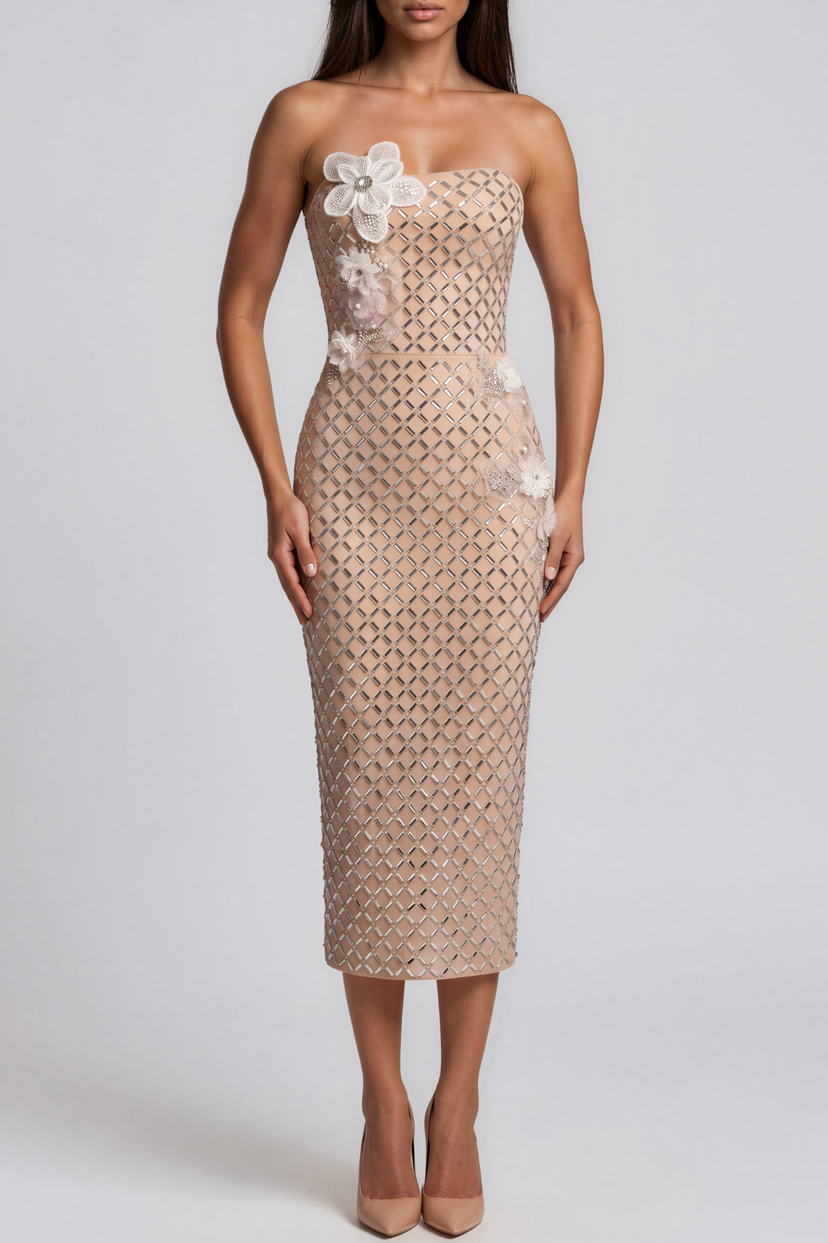 Keiran Strapless Flower Embellished Midi Dress