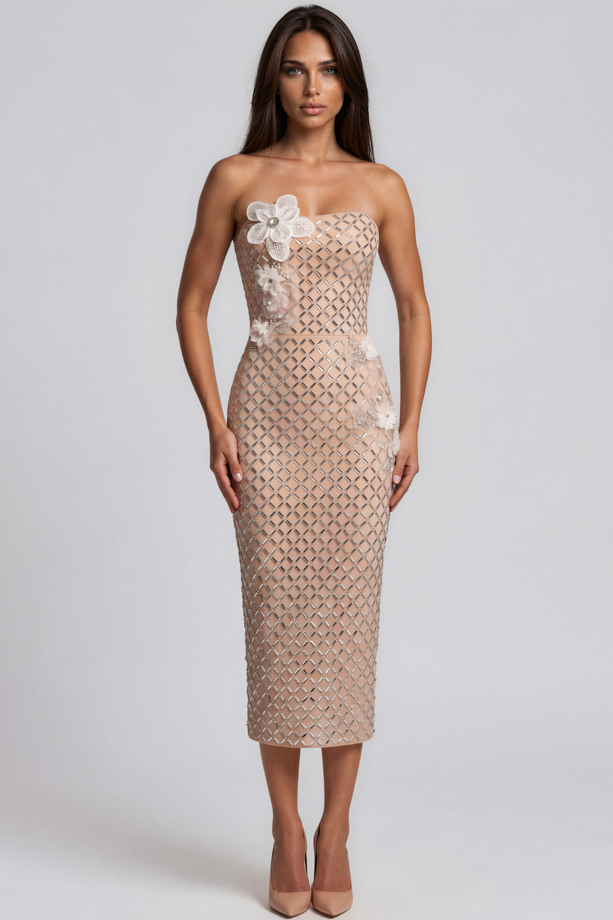 Keiran Strapless Flower Embellished Midi Dress