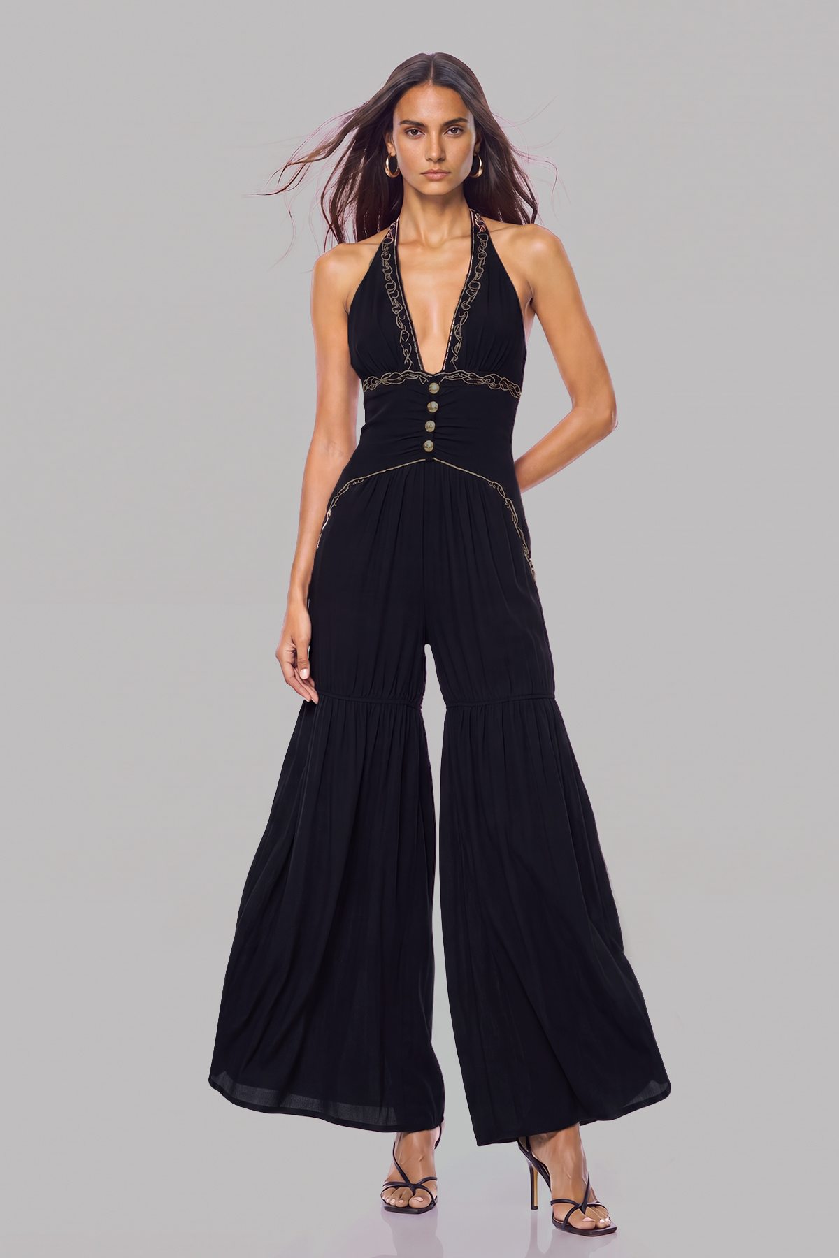Kelairn Halter Neck Ruch Button Jumpsuit