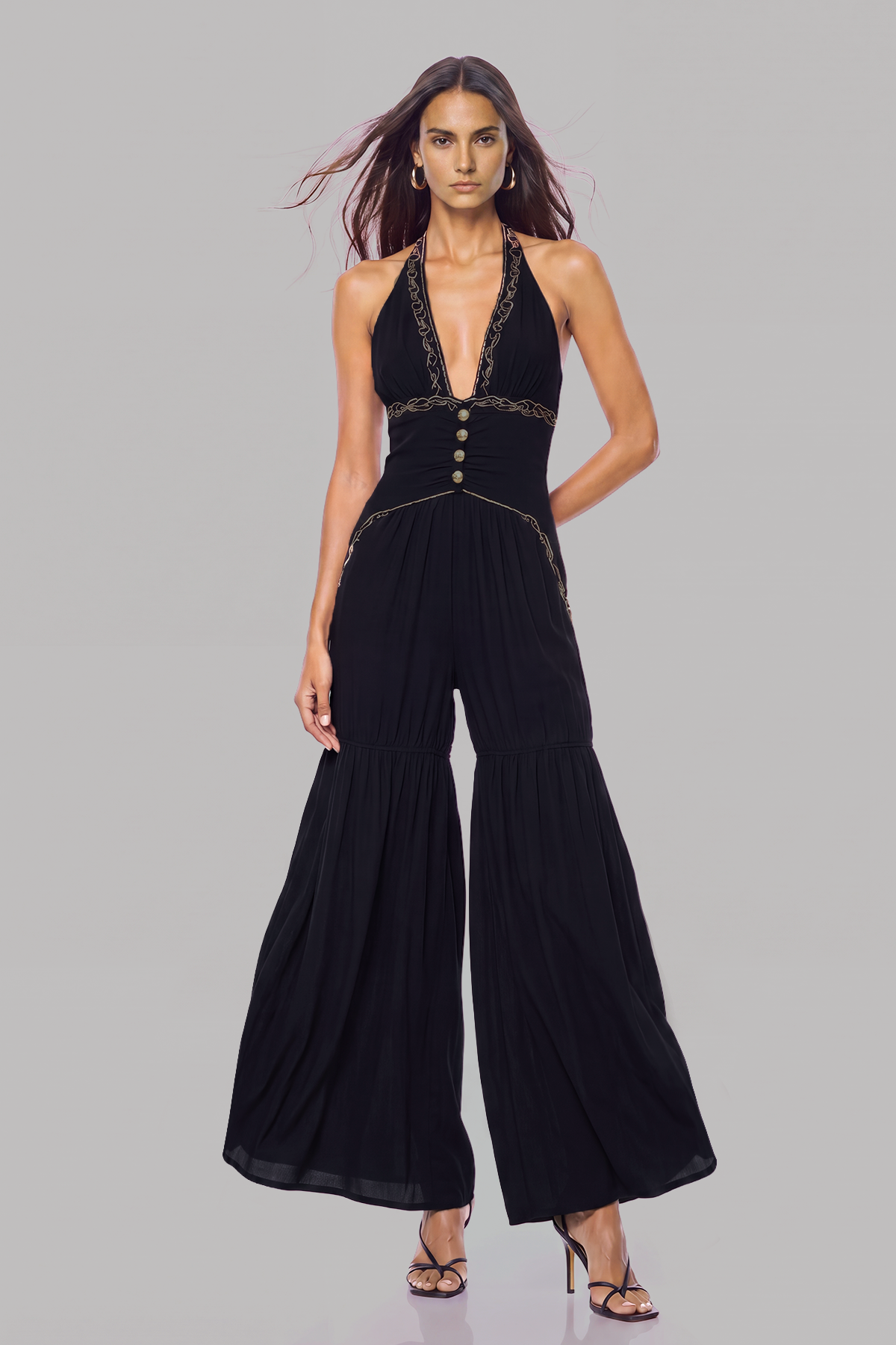Kelairn Halter Neck Ruch Button Jumpsuit
