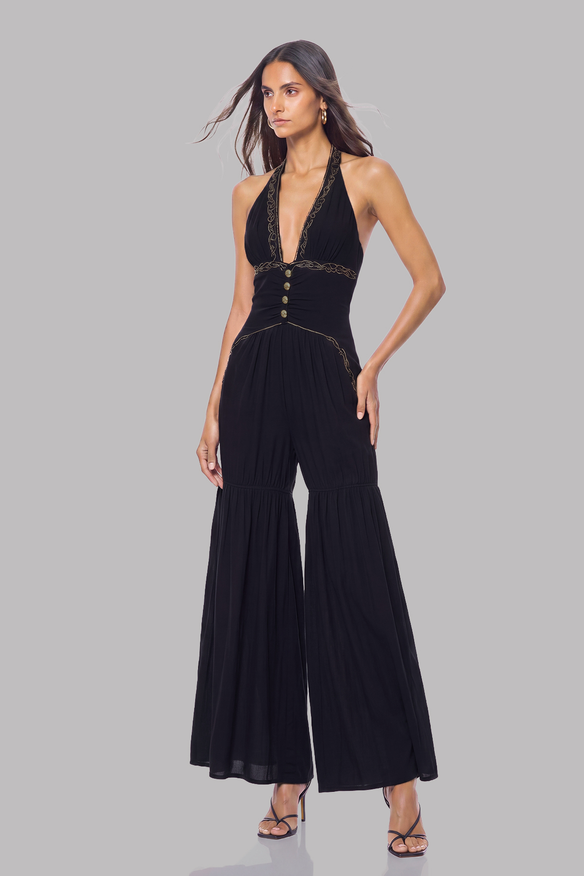 Kelairn Halter Neck Ruch Button Jumpsuit
