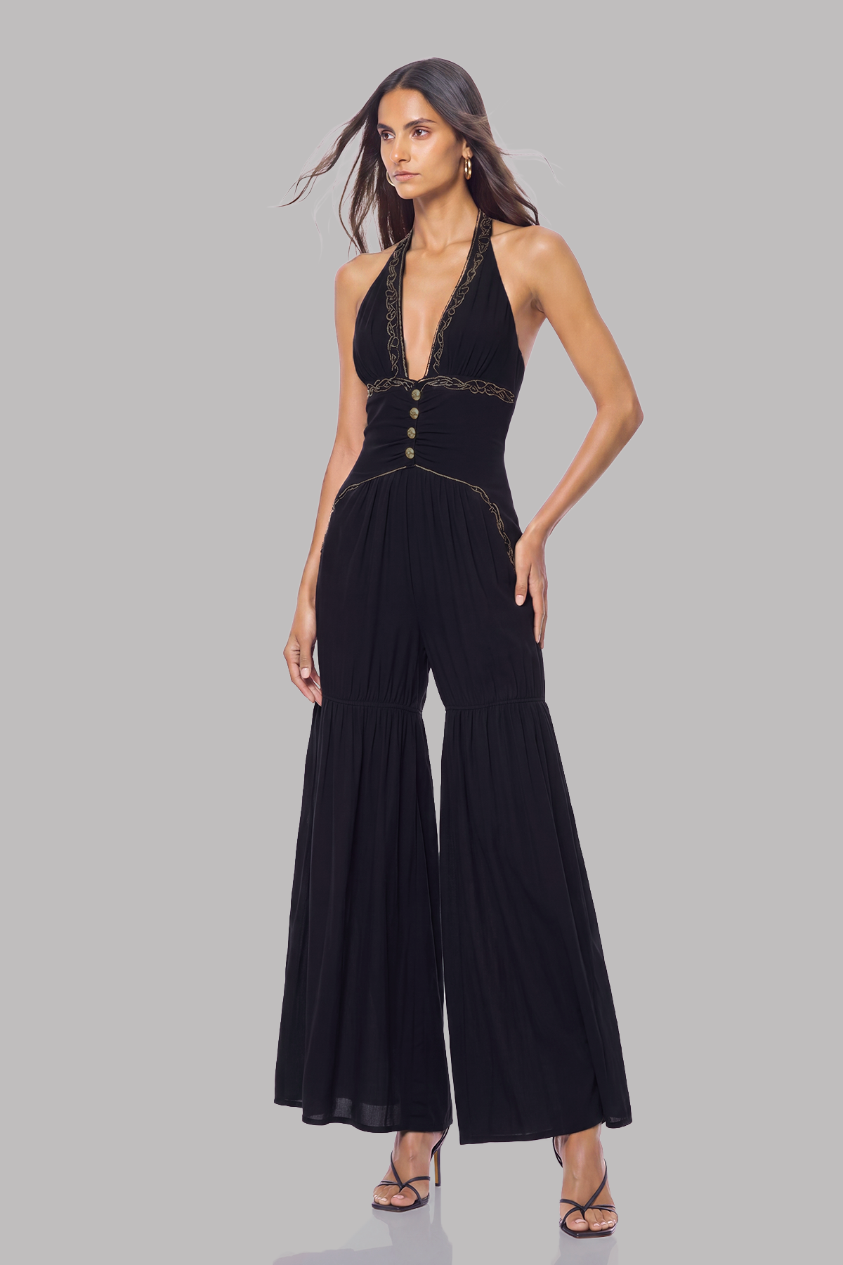 Kelairn Halter Neck Ruch Button Jumpsuit