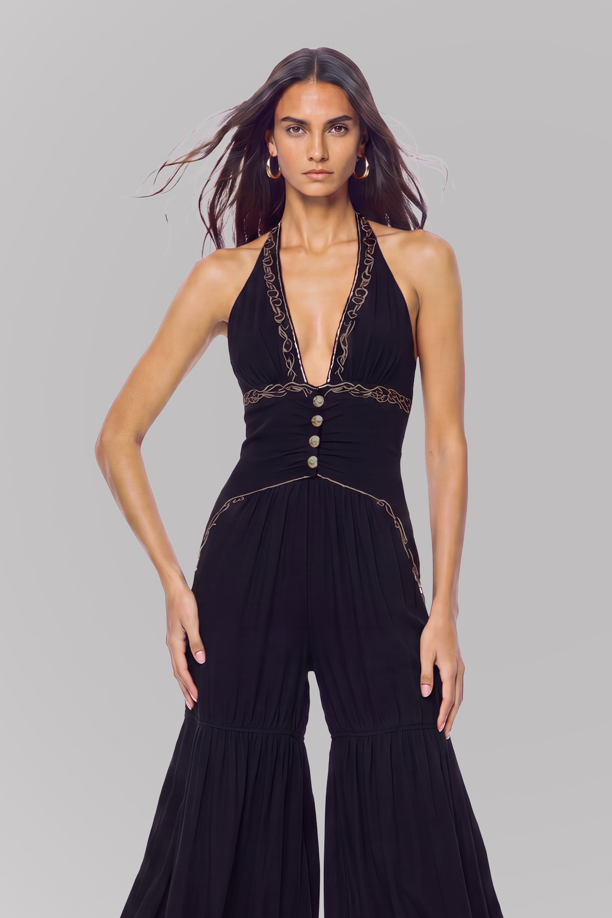 Kelairn Halter Neck Ruch Button Jumpsuit