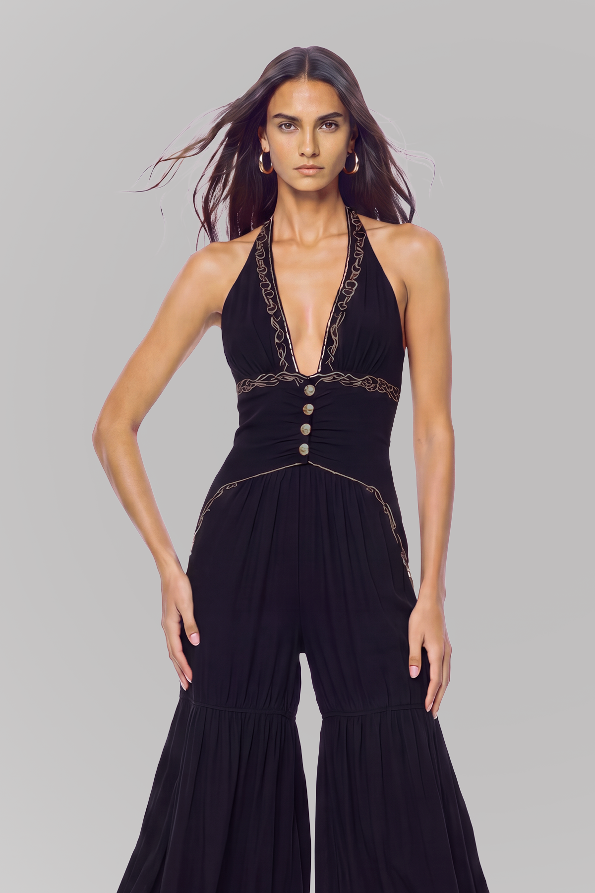 Kelairn Halter Neck Ruch Button Jumpsuit