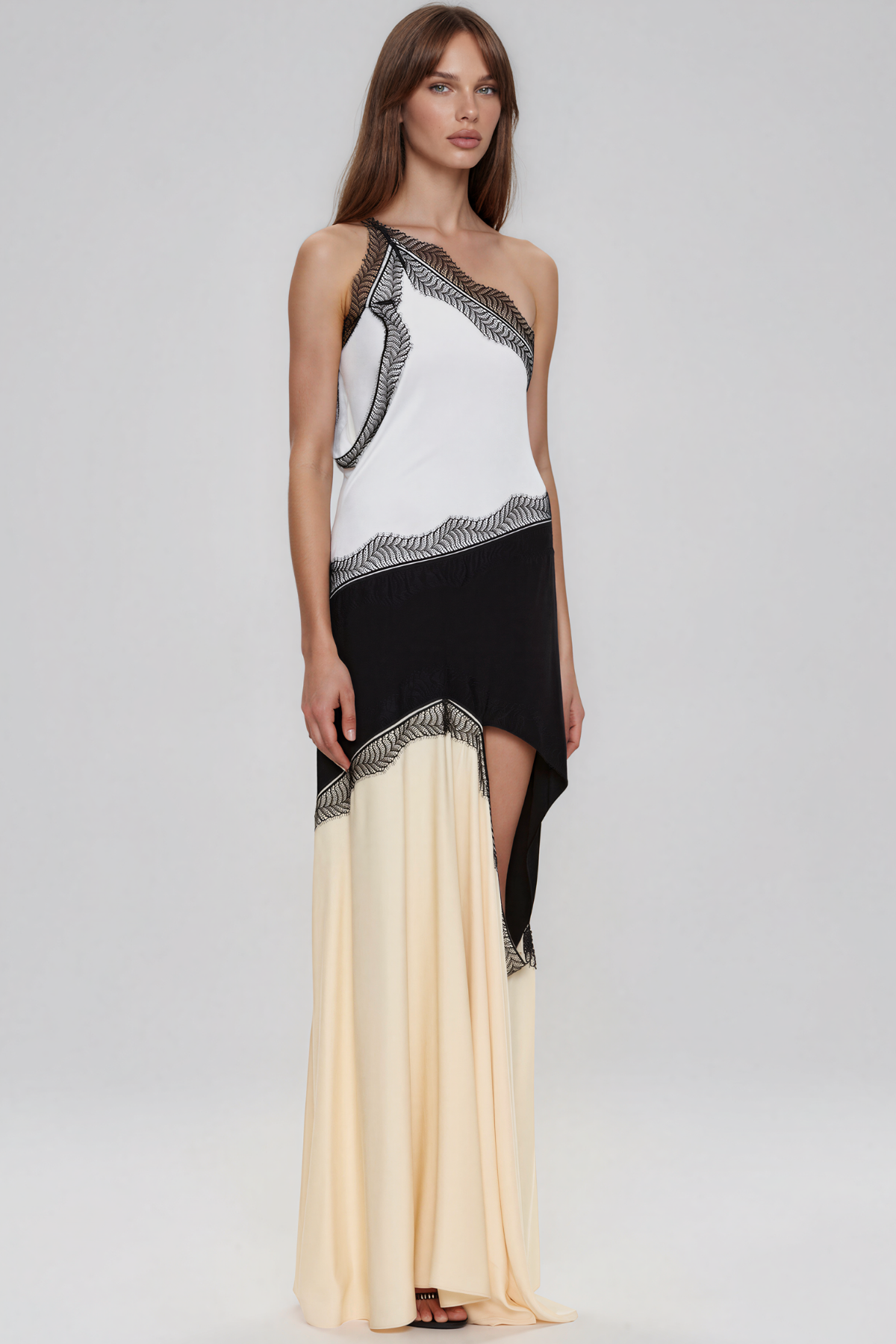 Kelby Asymmetric Lace Cutout Maxi Dress