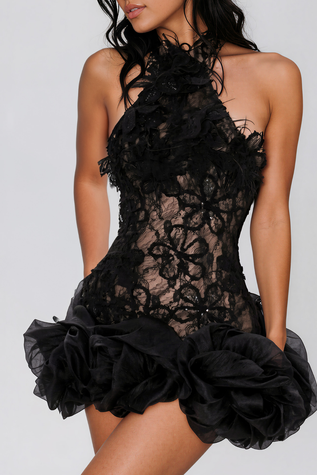 Kelton Halter Neck Lace Flower Mini Dress