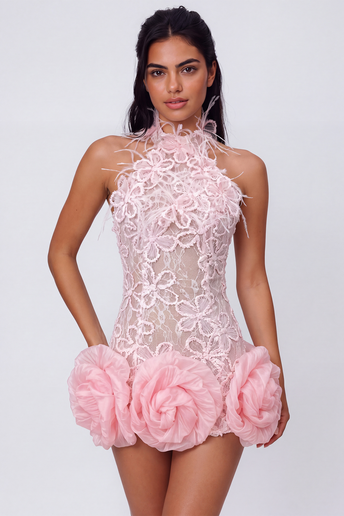 Kelton Halter Neck Lace Flower Mini Dress In Pink