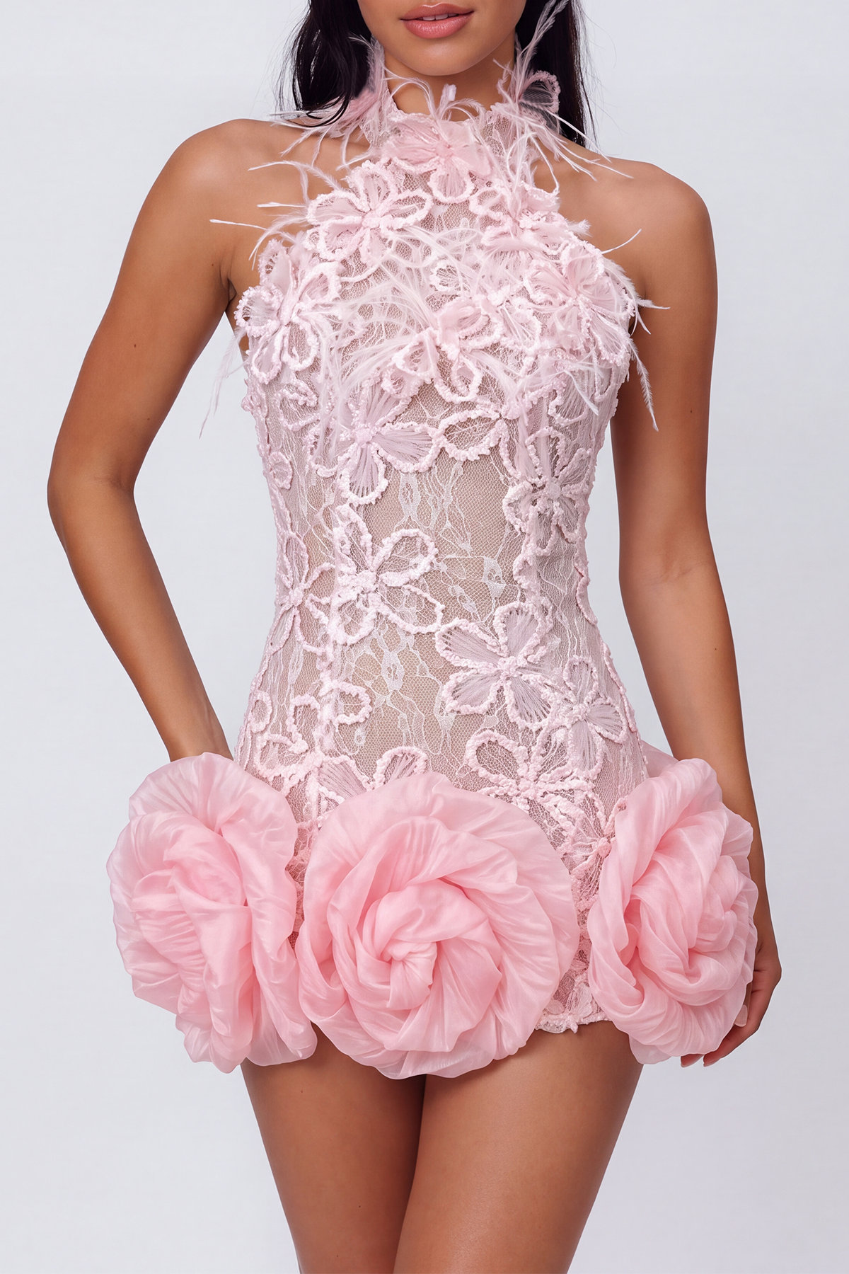 Kelton Halter Neck Lace Flower Mini Dress In Pink