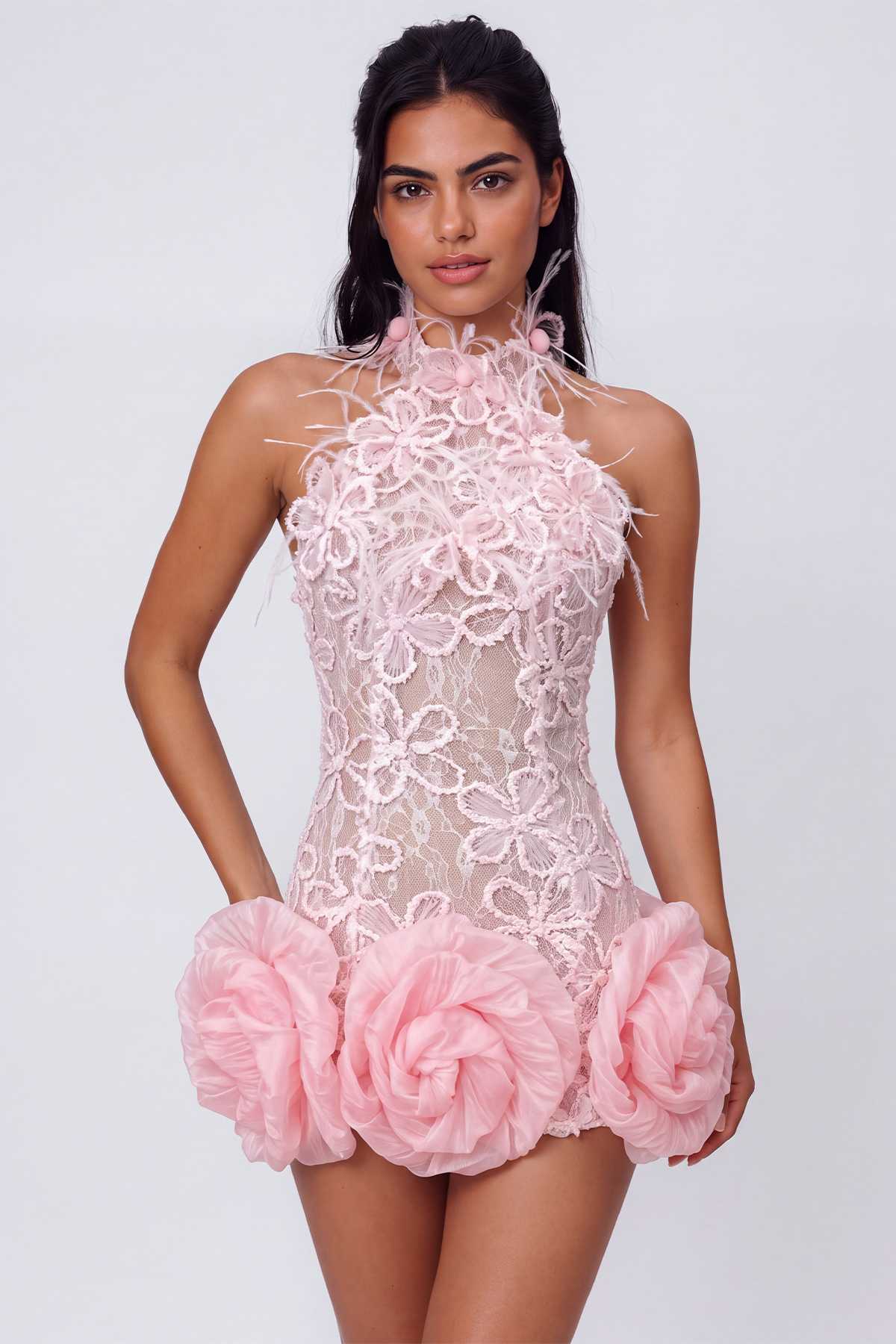 Kelton Halter Neck Lace Flower Mini Dress In Pink