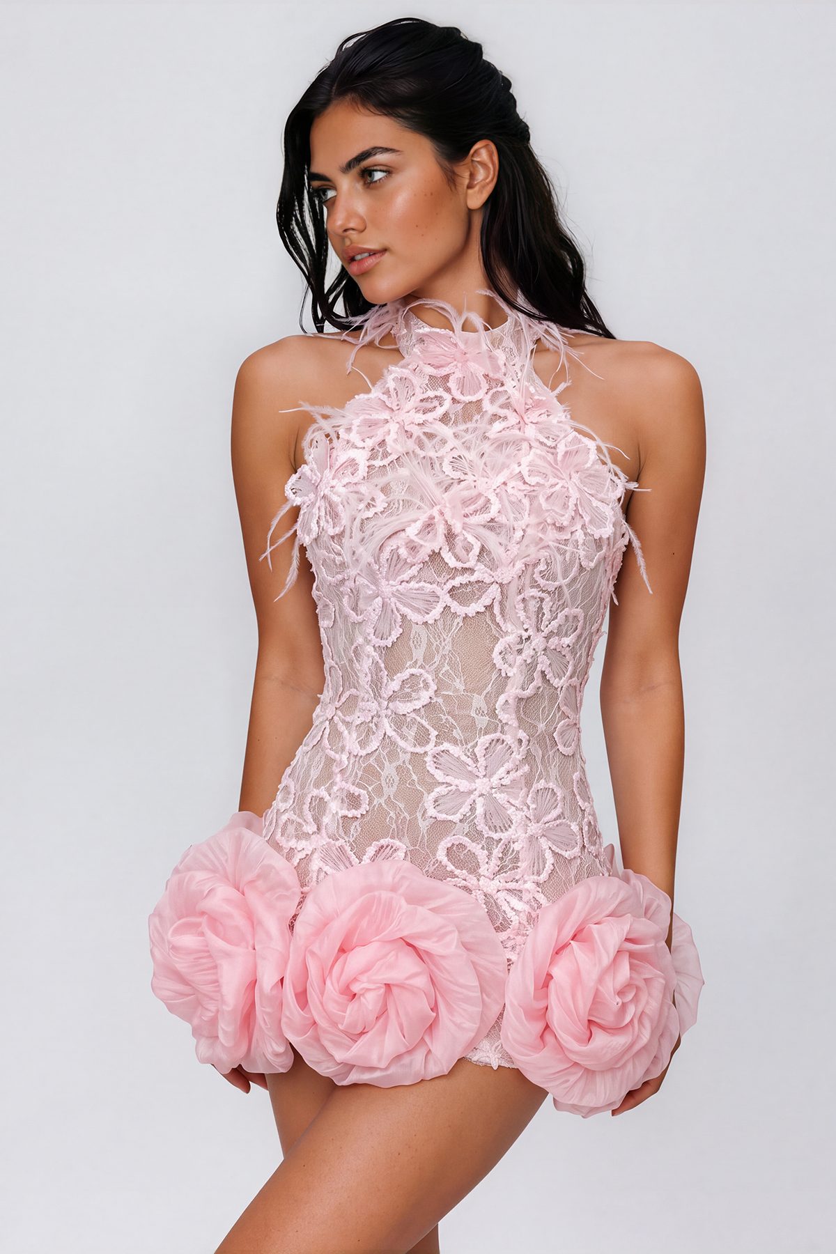 Kelton Halter Neck Lace Flower Mini Dress In Pink