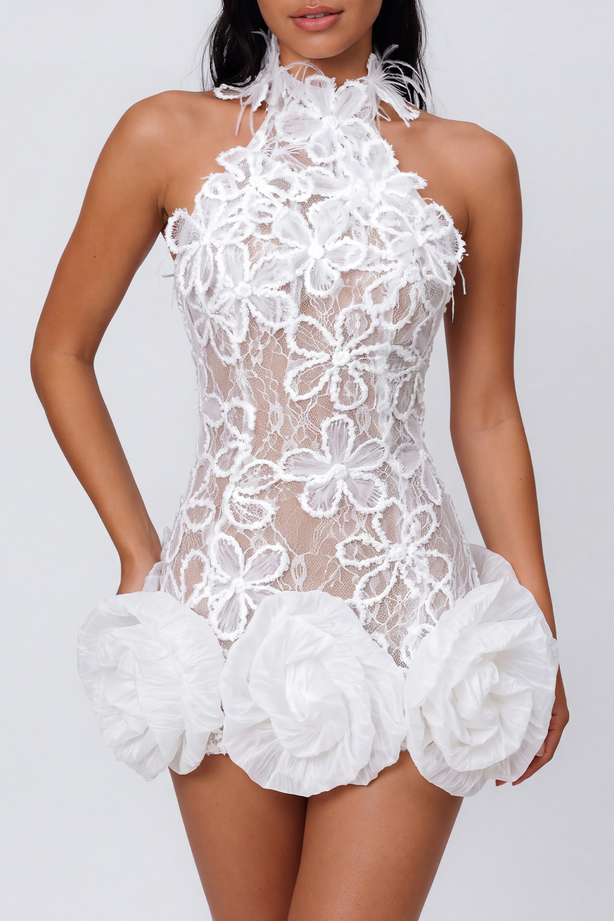 Kelton Halter Neck Lace Flower Mini Dress In White