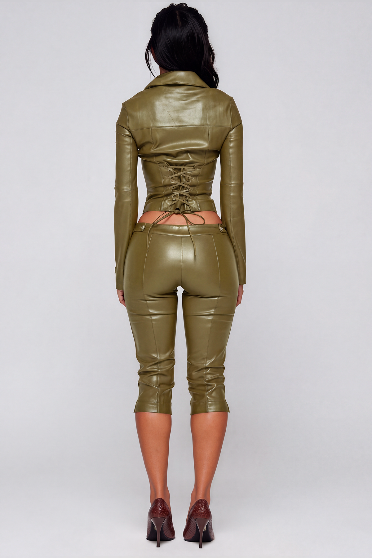 Kemi Long Sleeve Lace Up Leather Pants Set In Olive