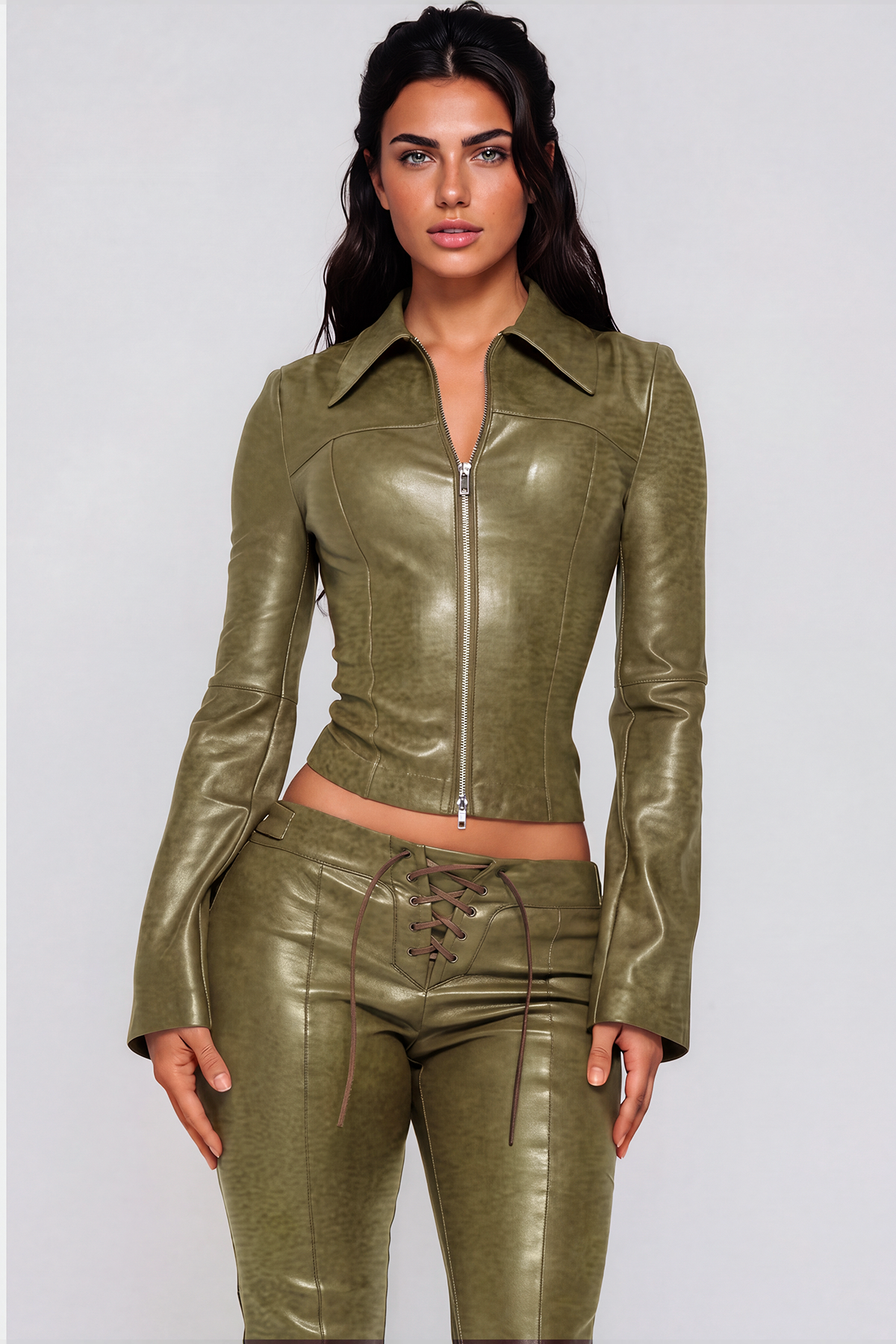 Kemi Long Sleeve Lace Up Leather Pants Set In Olive