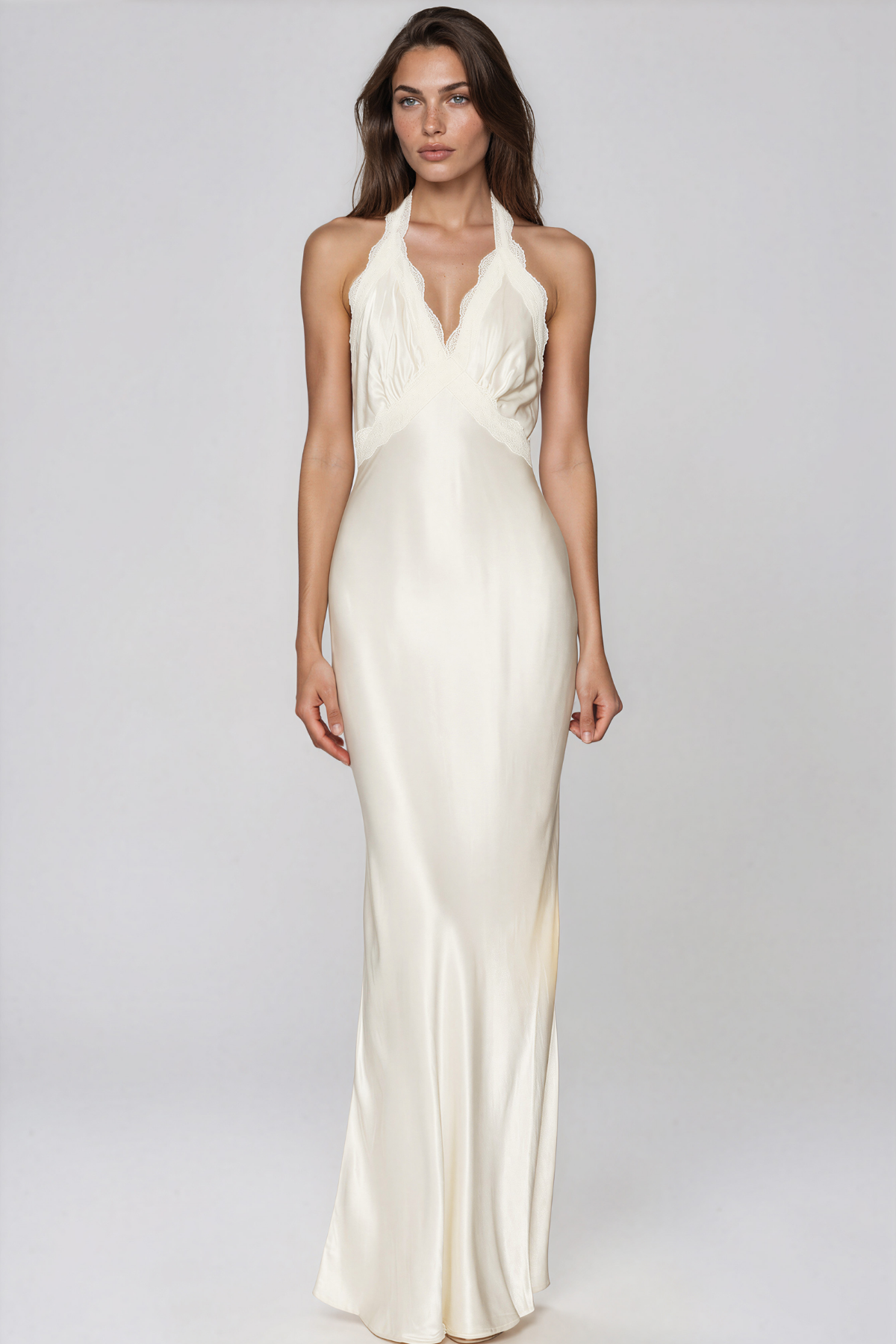 Kemp Halter Neck Satin Lace Maxi Dress