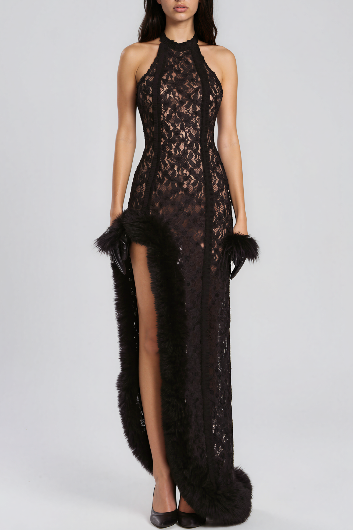 Ken Halter Neck Faux Fur Lace Maxi Dress