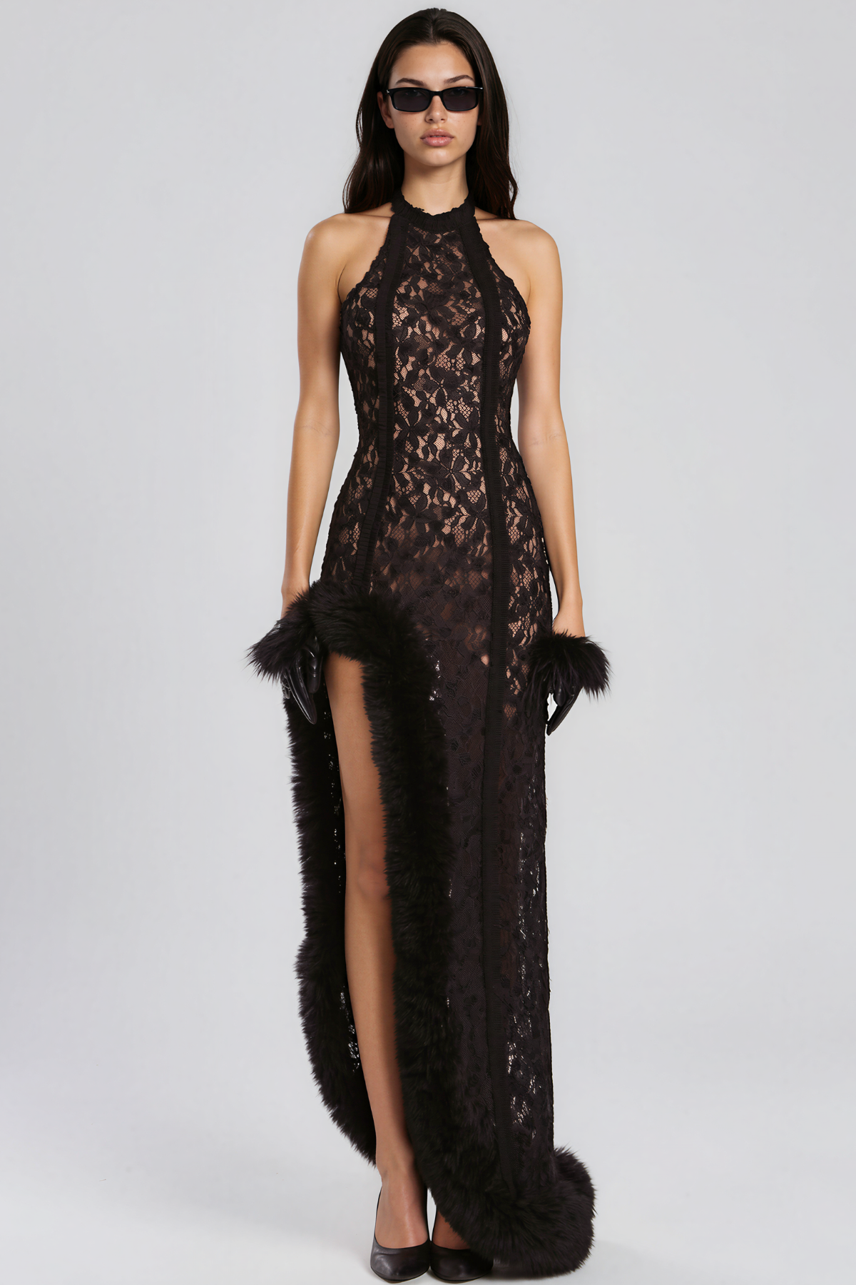 Ken Halter Neck Faux Fur Lace Maxi Dress