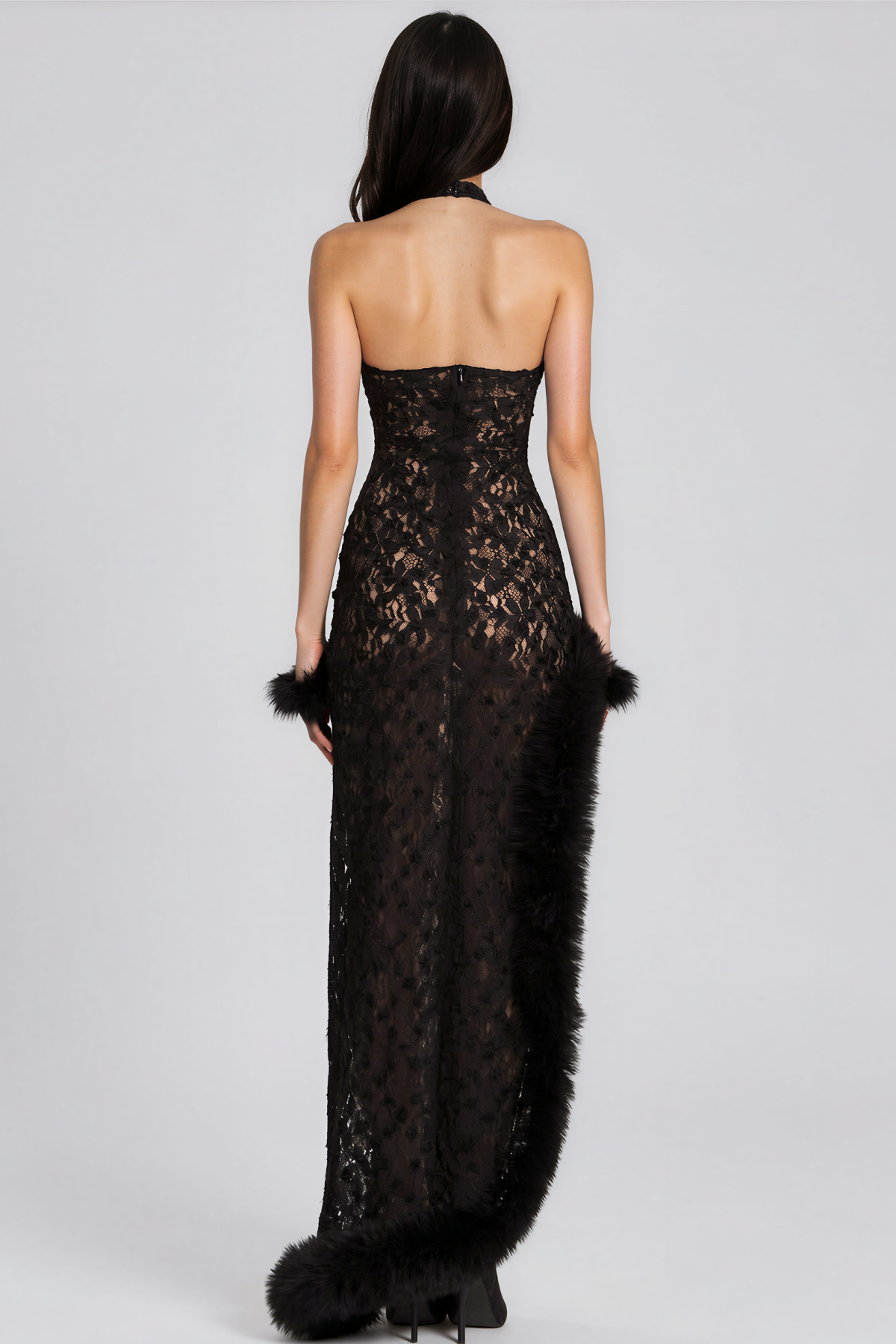 Ken Halter Neck Faux Fur Lace Maxi Dress
