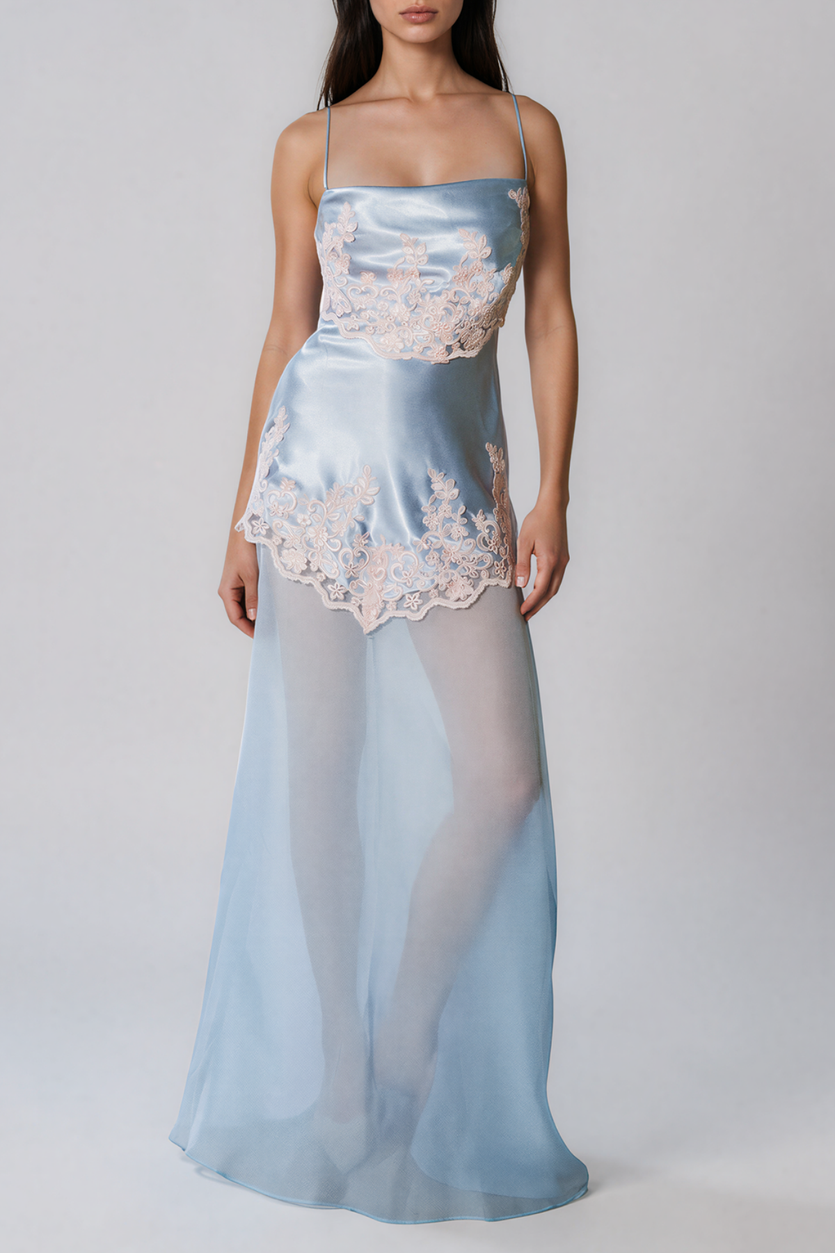 KenIchi Spaghetti Satin Lace Maxi Dress