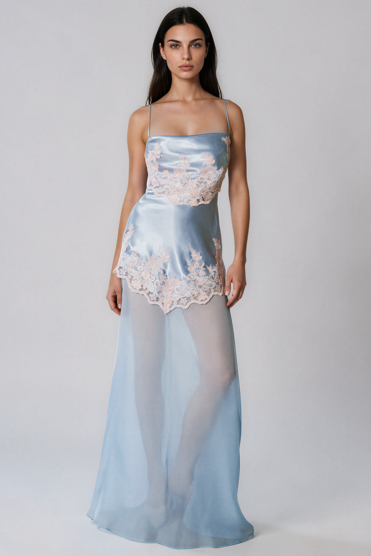 KenIchi Spaghetti Satin Lace Maxi Dress