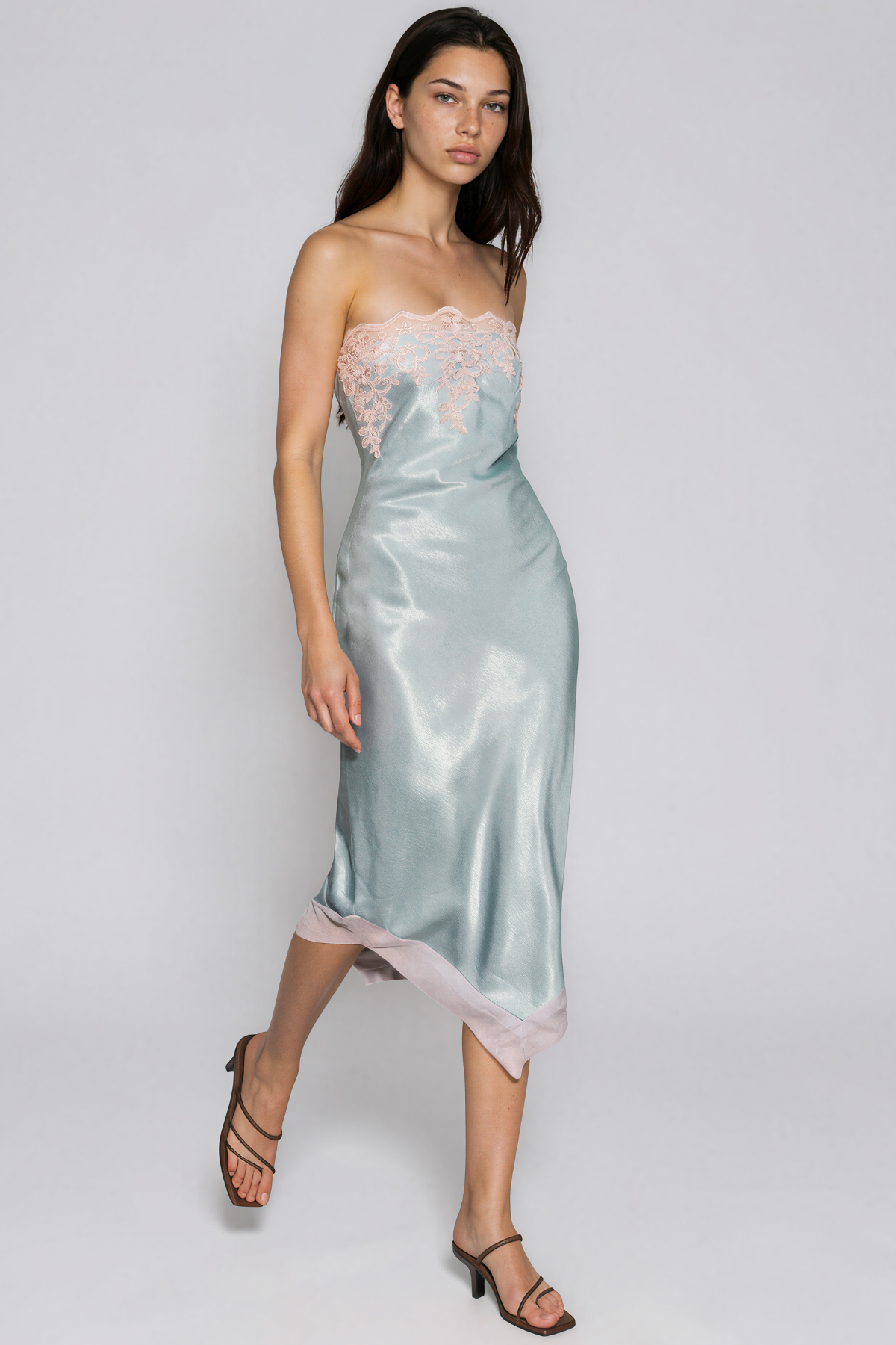 KenIchi Strapless Lace Satin Midi Dress
