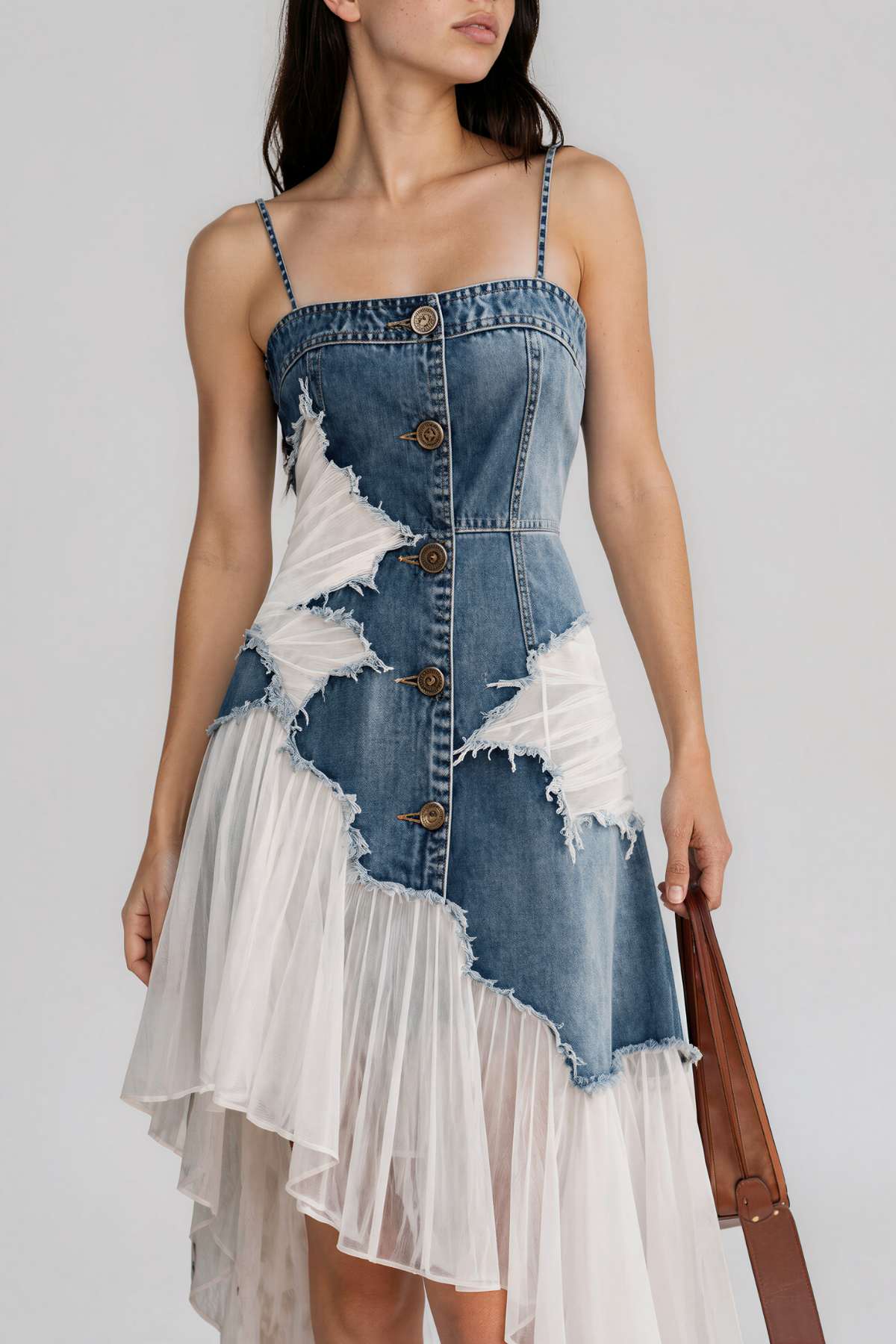 Kenchirou Spaghetti Denim Asymmetric Midi Dress