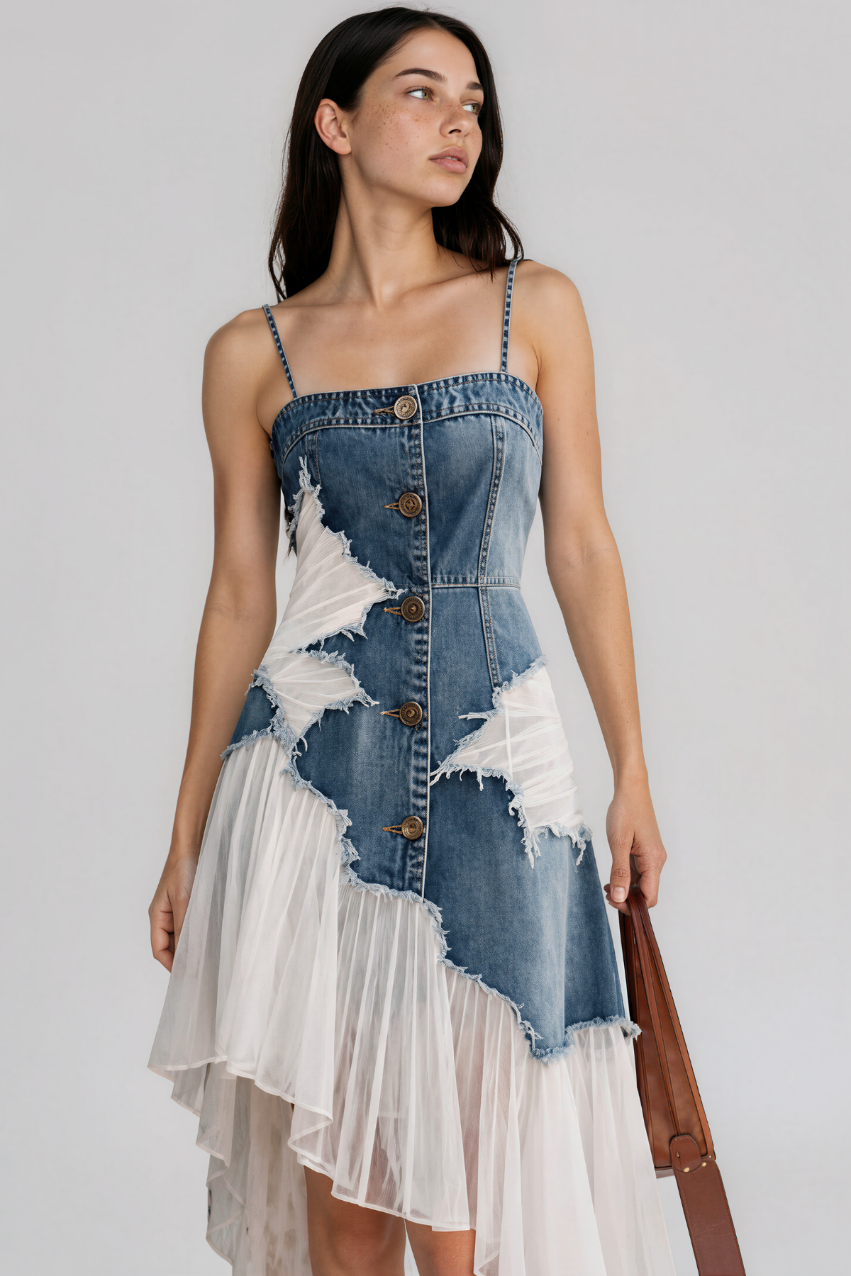 Kenchirou Spaghetti Denim Asymmetric Midi Dress
