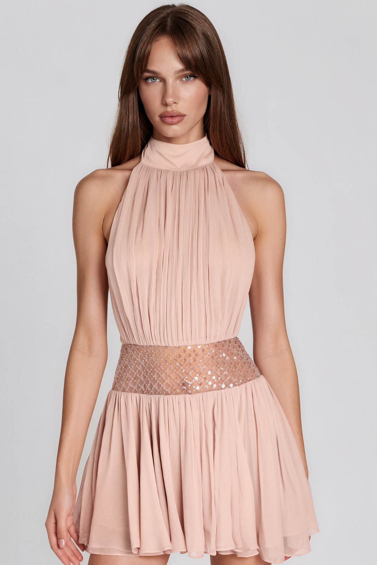Kendale Halter Neck Sequin Ruch Mini Dress
