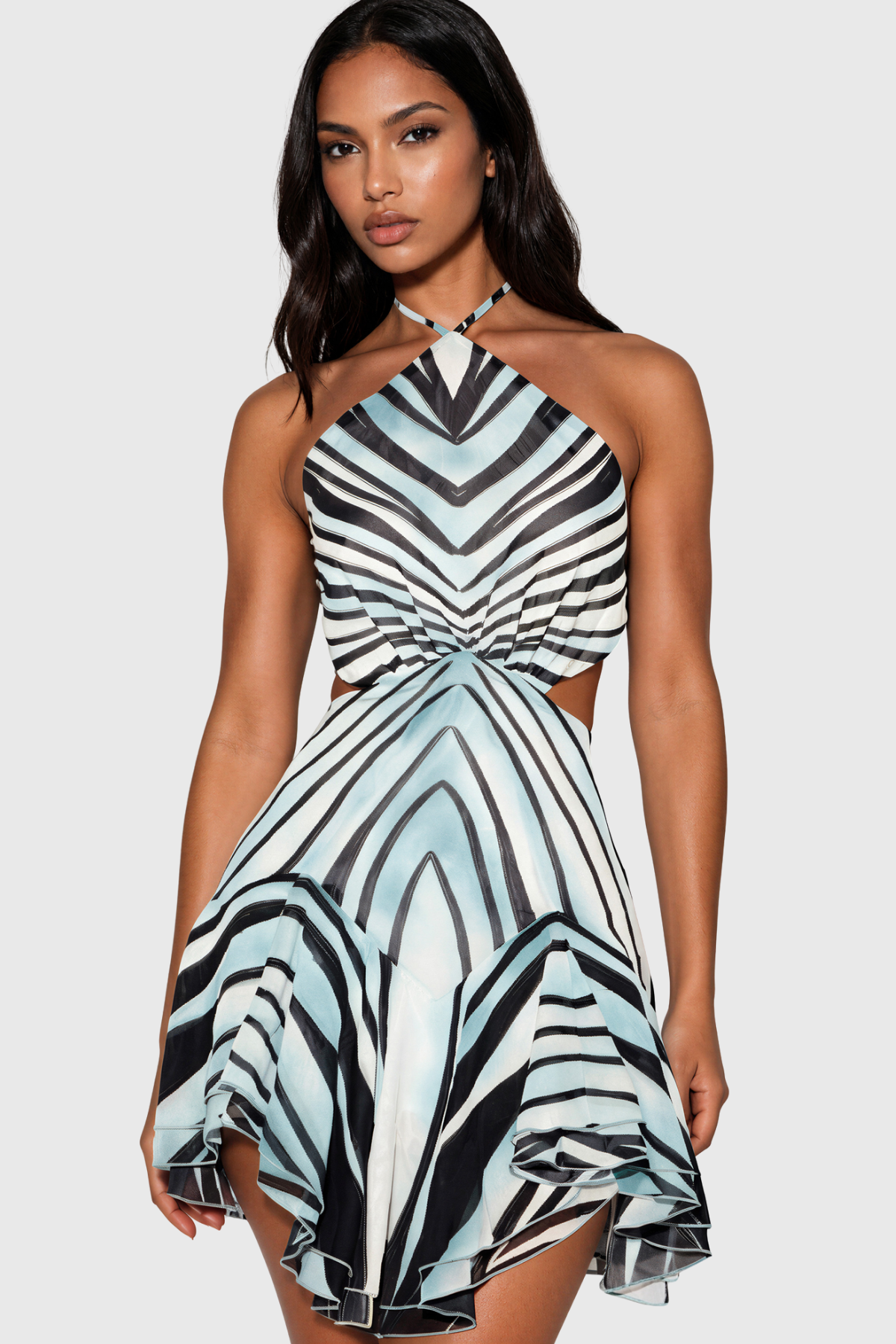 Kender Halter Neck Stripe Cutout Mini Dress