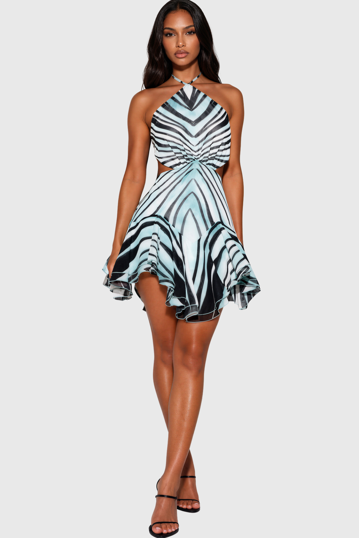 Kender Halter Neck Stripe Cutout Mini Dress