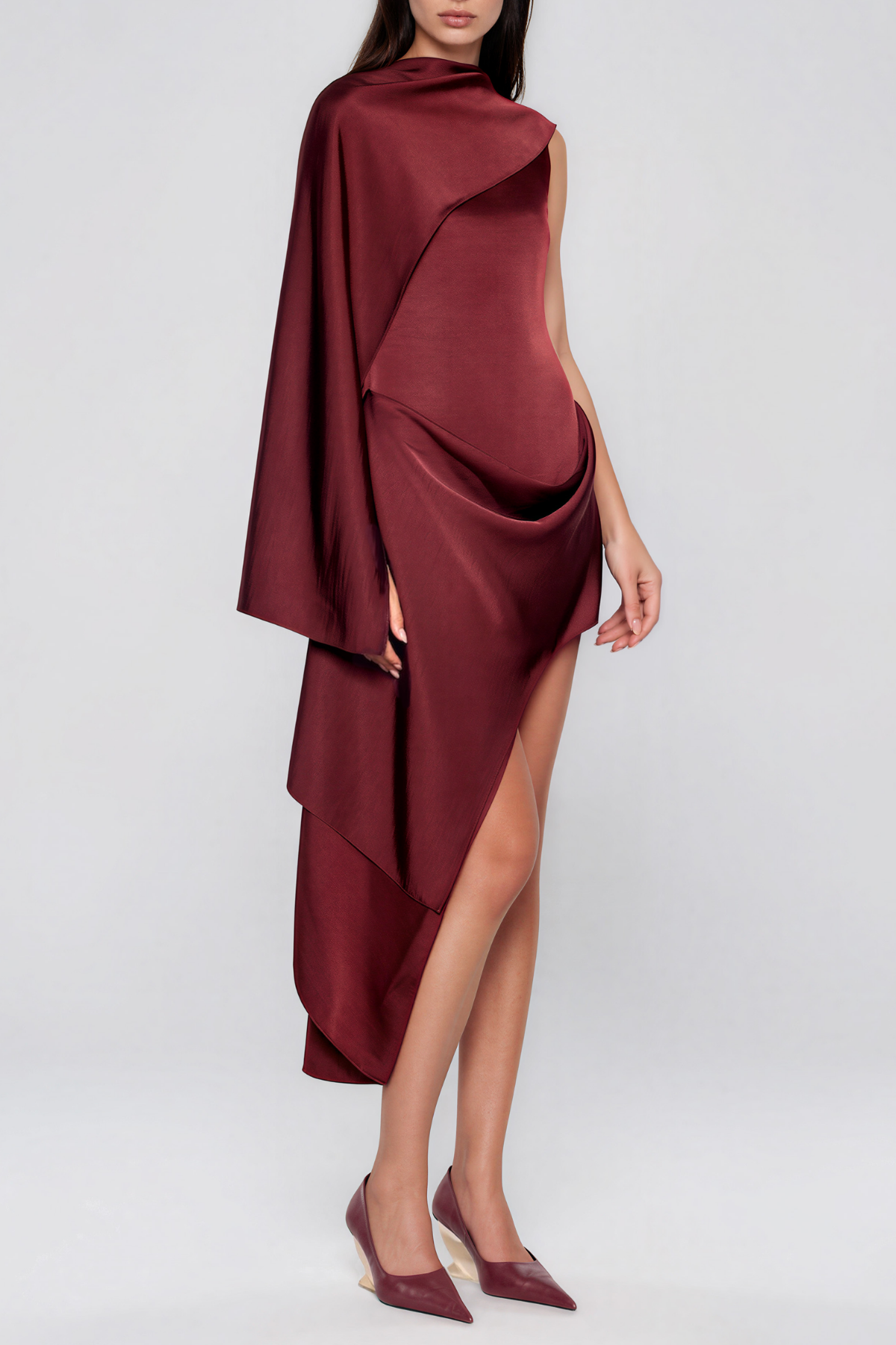 Kendria Asymmetric Satin Midi Dress