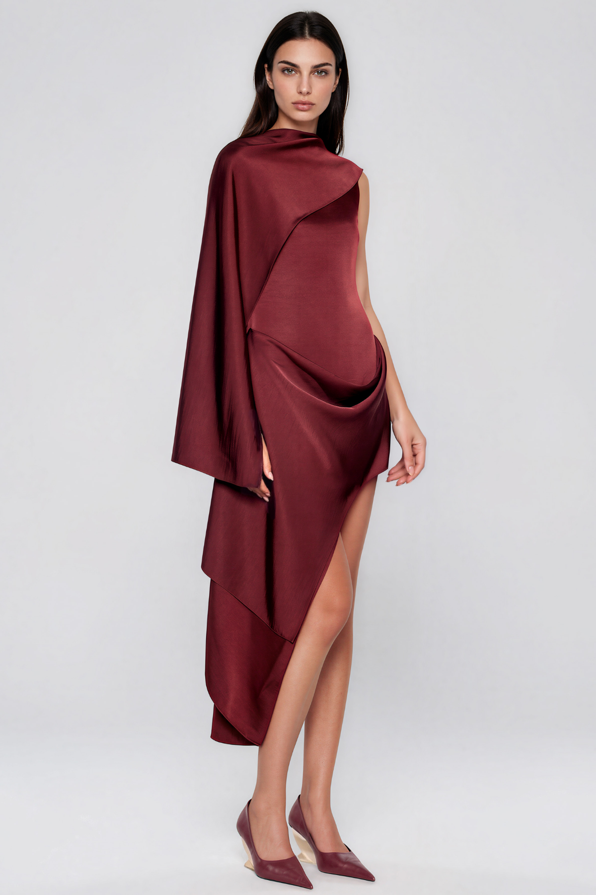 Kendria Asymmetric Satin Midi Dress