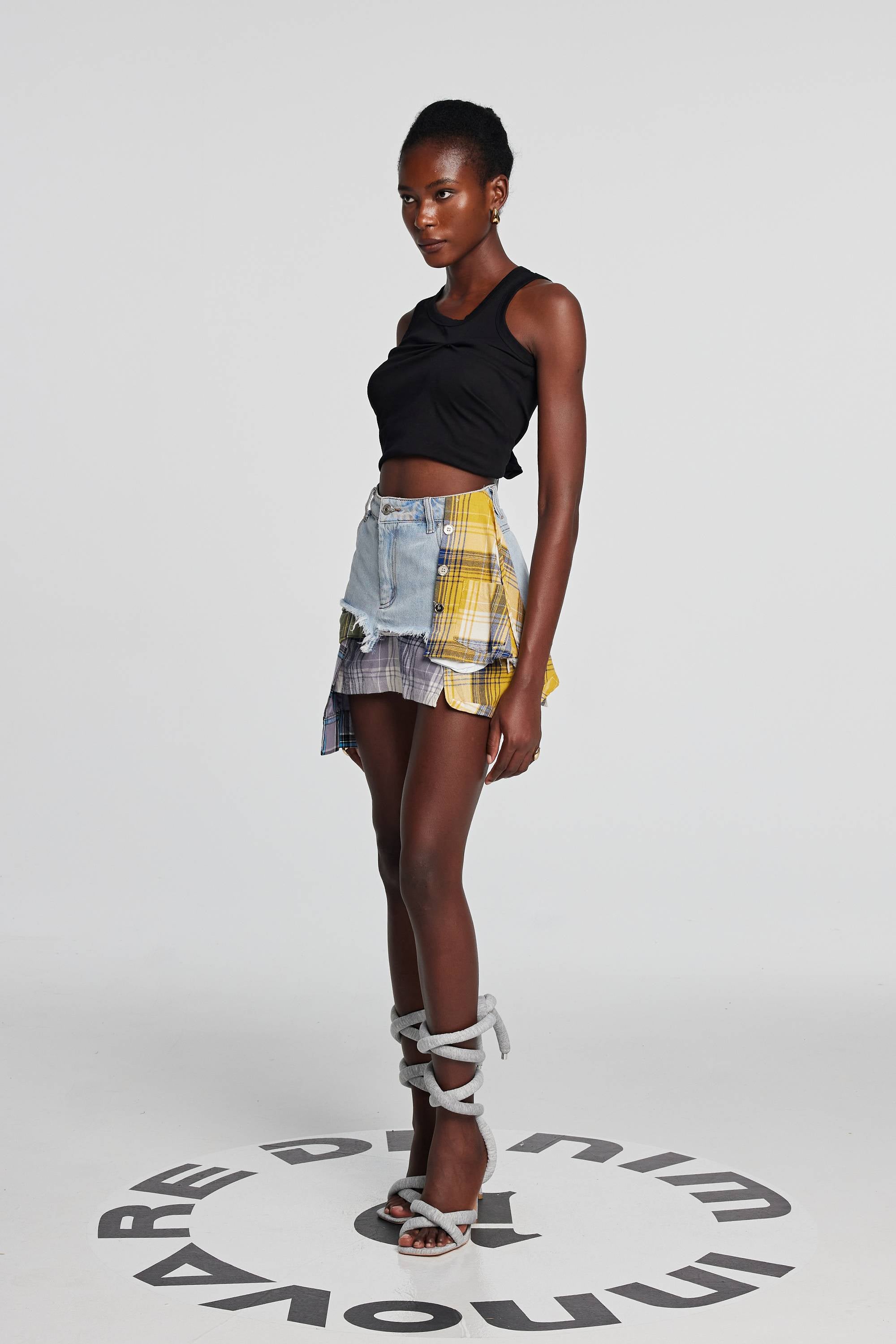 Kenna Grid Deconstruct Patchwork Mini Skirt In Blue – Innovare Denim