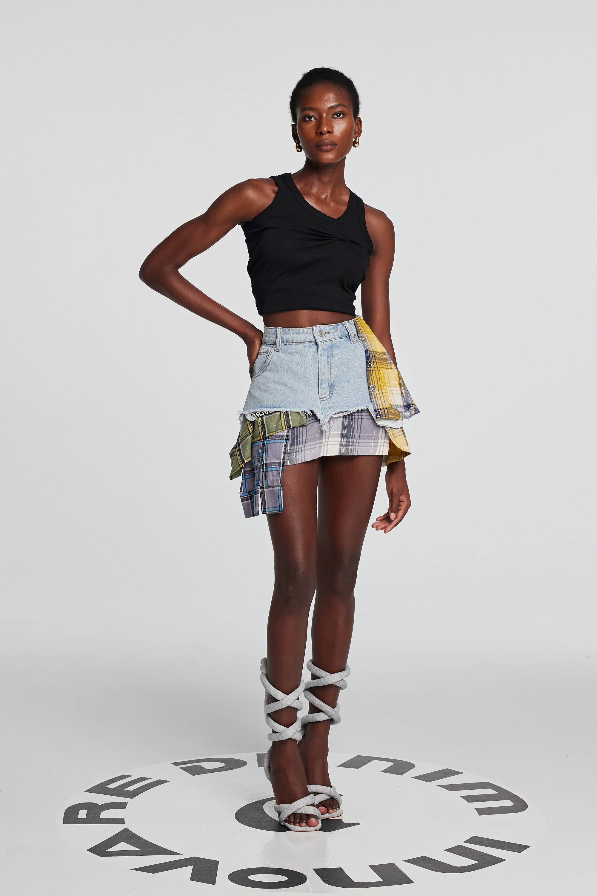 Kenna Grid Deconstruct Patchwork Mini Skirt In Blue – Innovare Denim