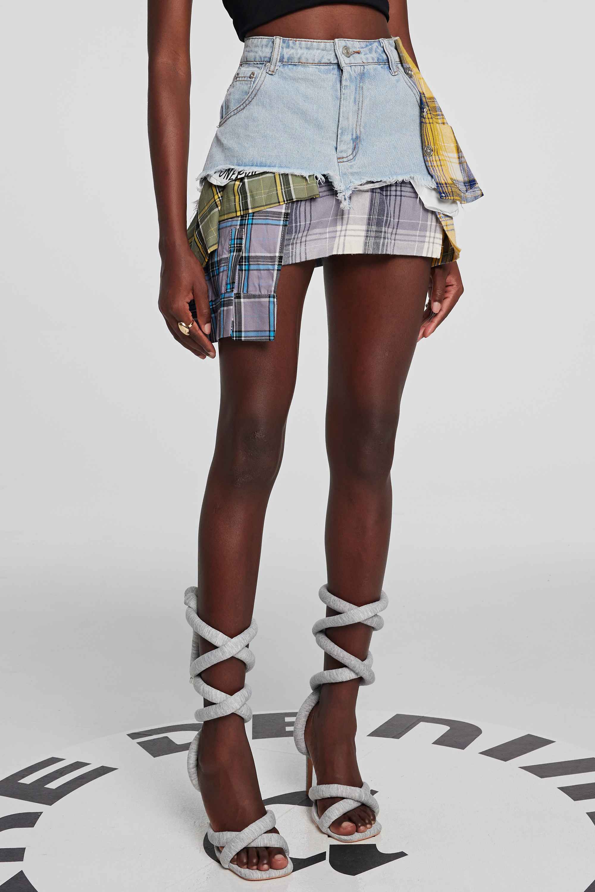 Kenna Grid Deconstruct Patchwork Mini Skirt In Blue – Innovare Denim
