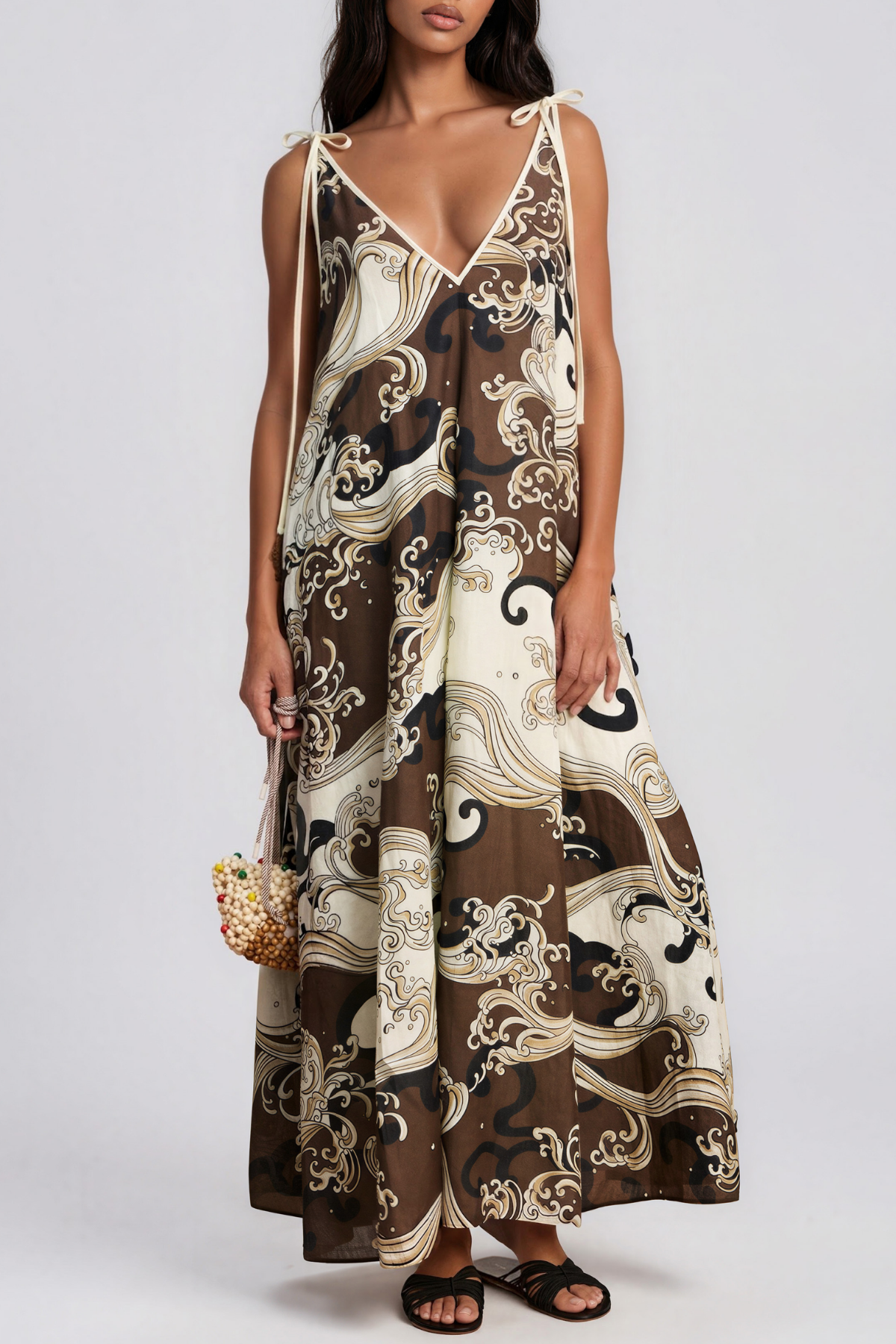 Kenneth V Neck Tie Up Print Maxi Dress