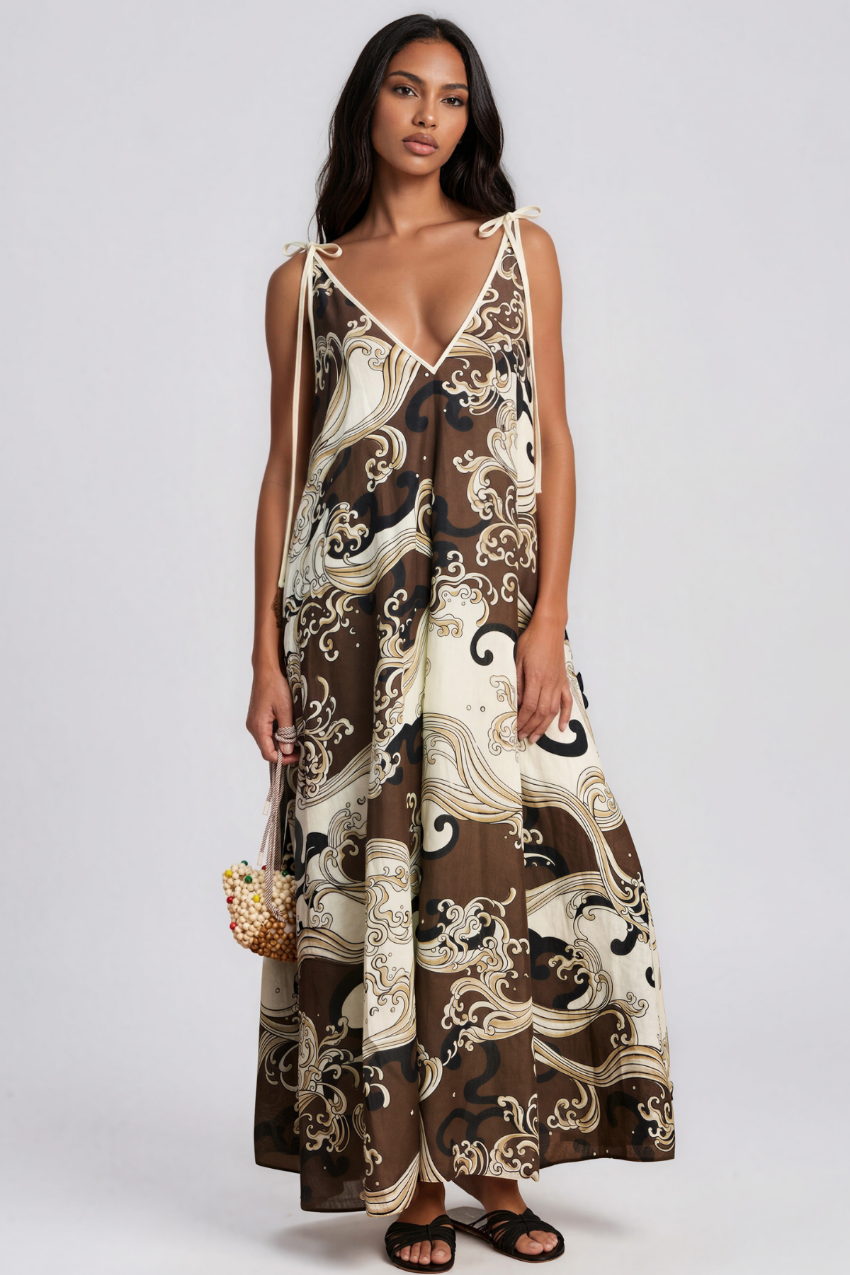 Kenneth V Neck Tie Up Print Maxi Dress
