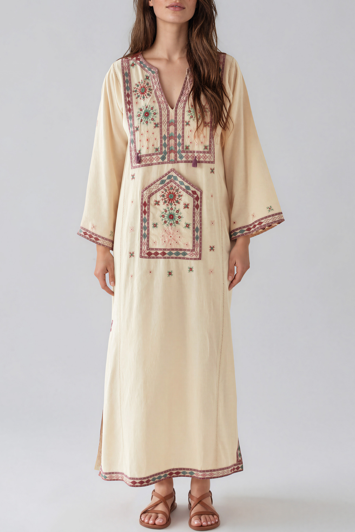Kenshin Long Sleeve Embroidered Split Maxi Dress