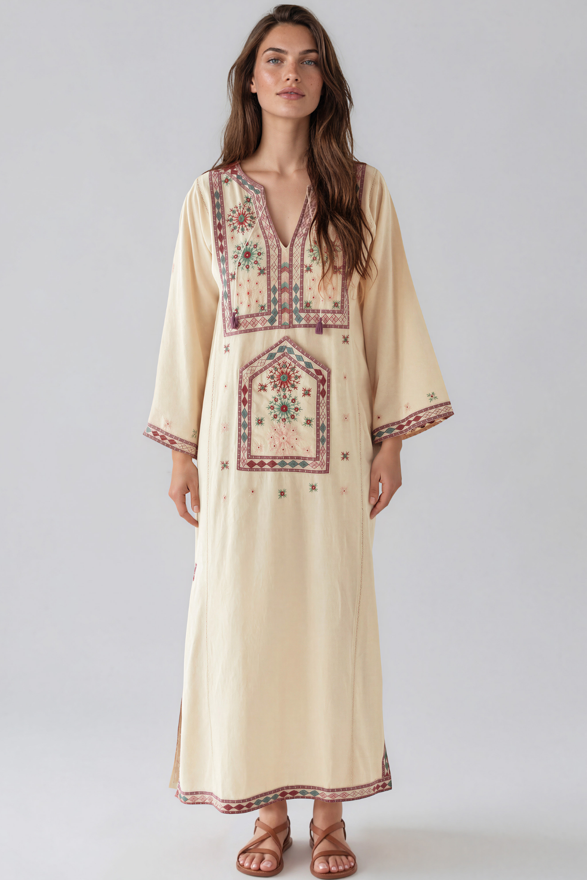 Kenshin Long Sleeve Embroidered Split Maxi Dress