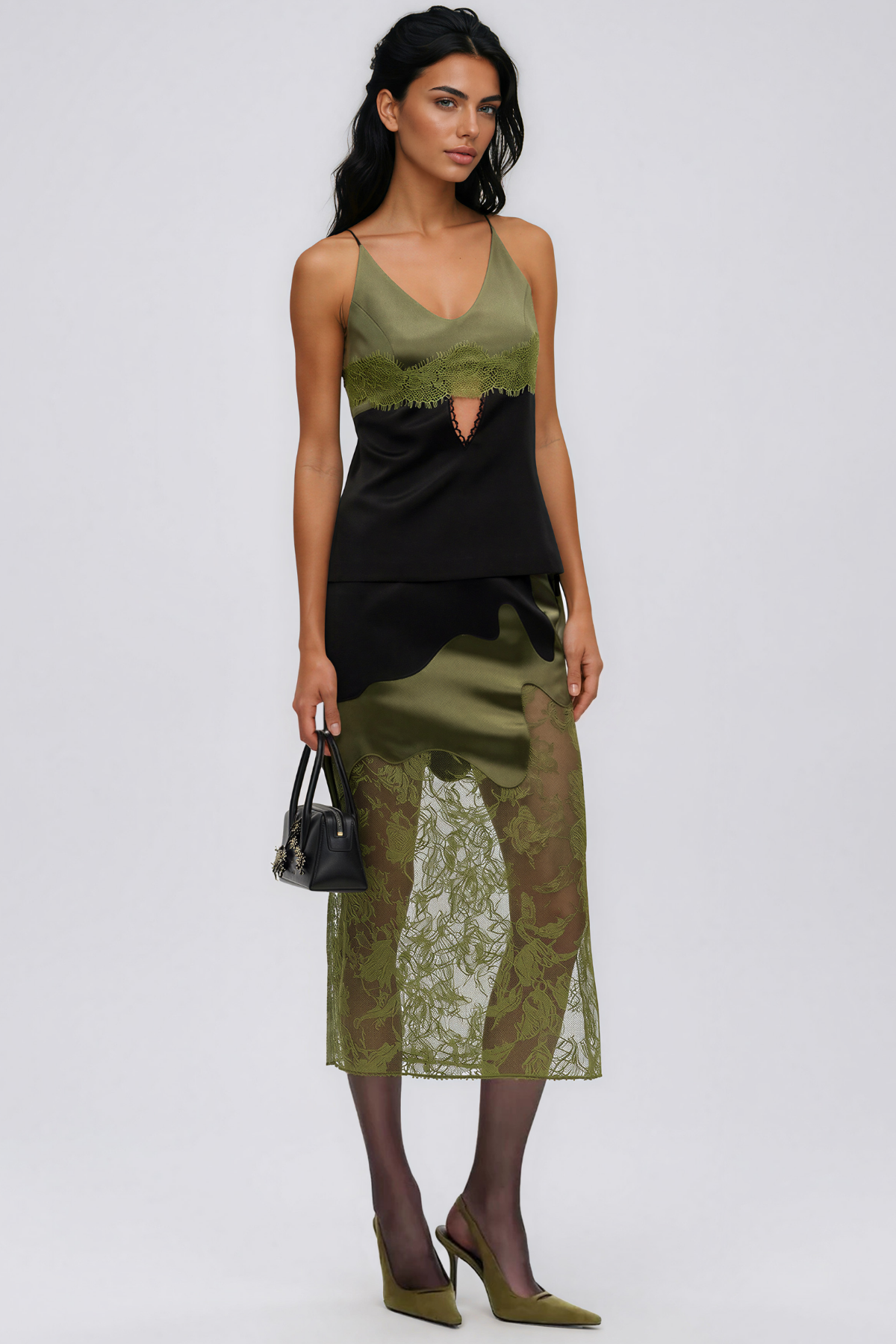 Keoni Spaghetti Lace Satin Skirt Set