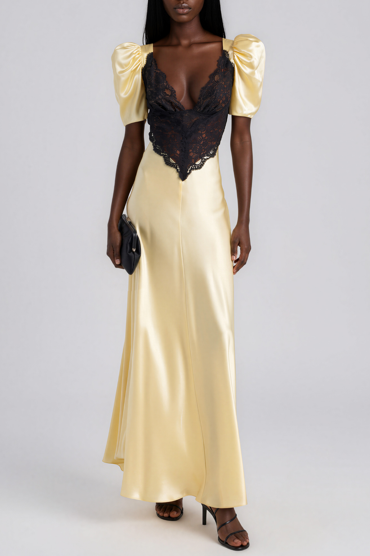 Kepheus Puff Sleeve Lace Satin Maxi Dress