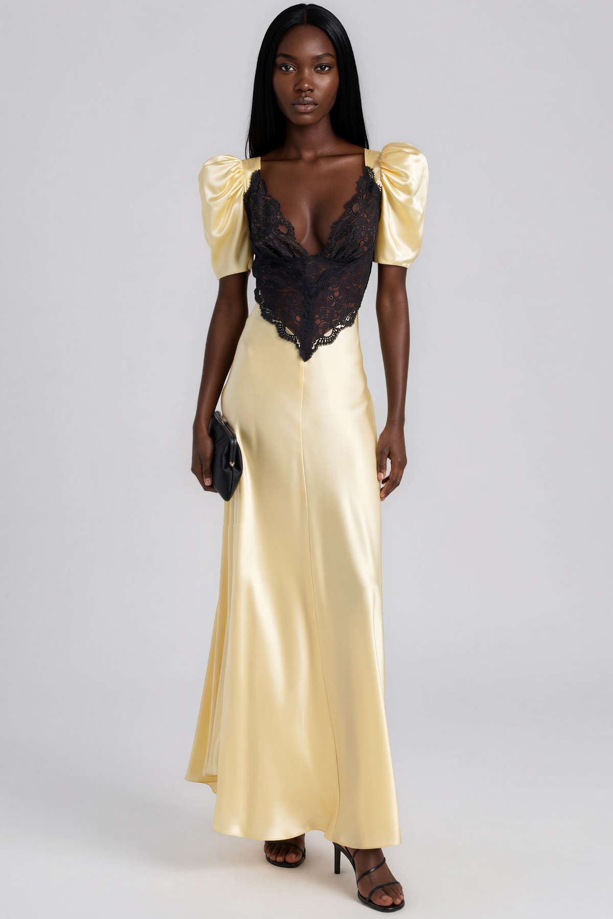 Kepheus Puff Sleeve Lace Satin Maxi Dress