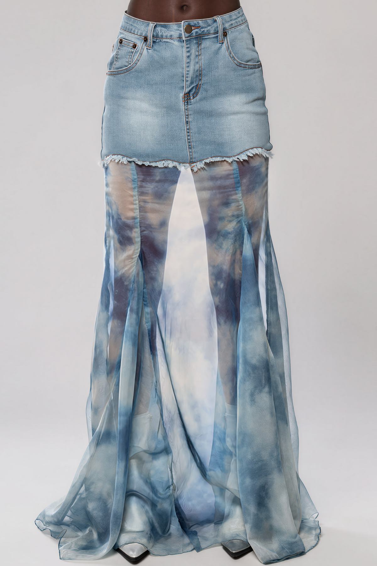 Kerani Denim Mesh Print Maxi Skirt