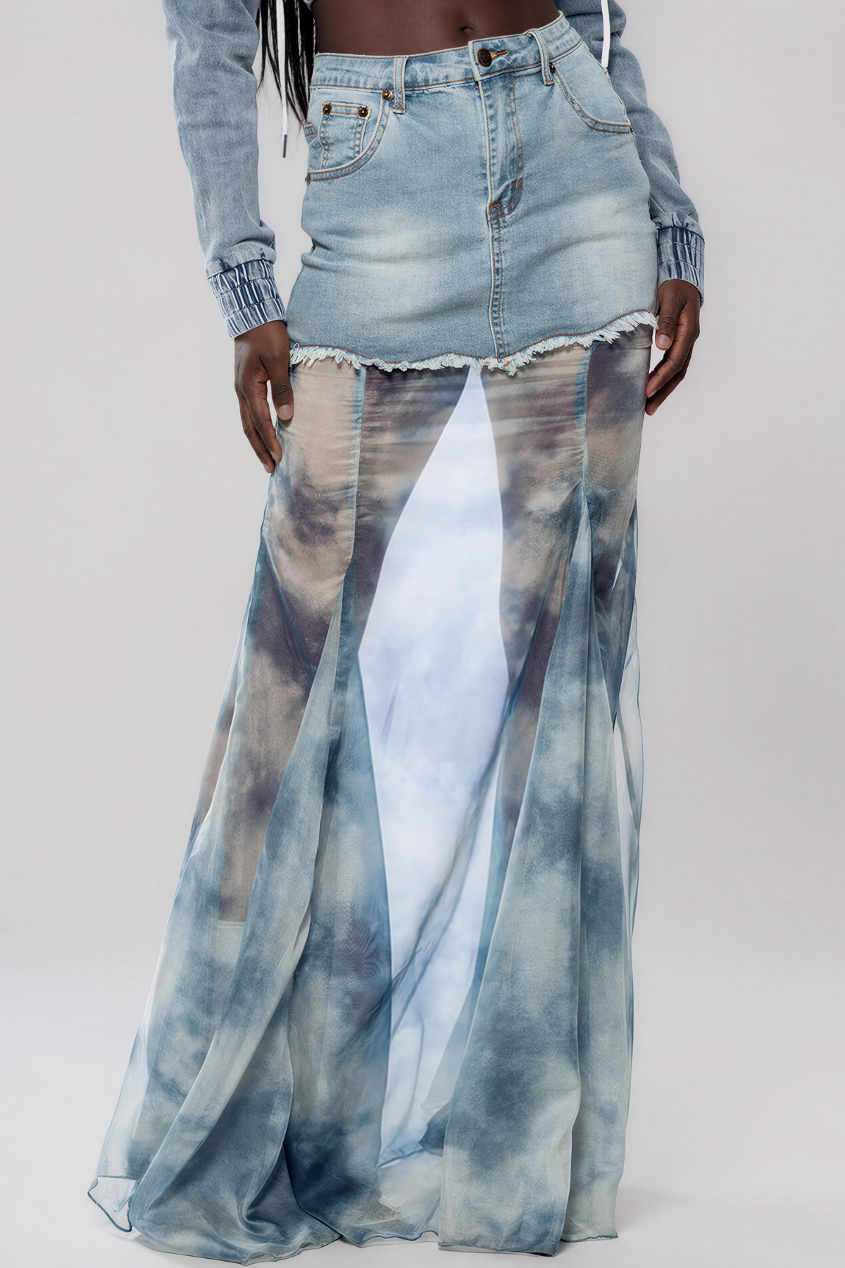 Kerani Denim Mesh Print Maxi Skirt