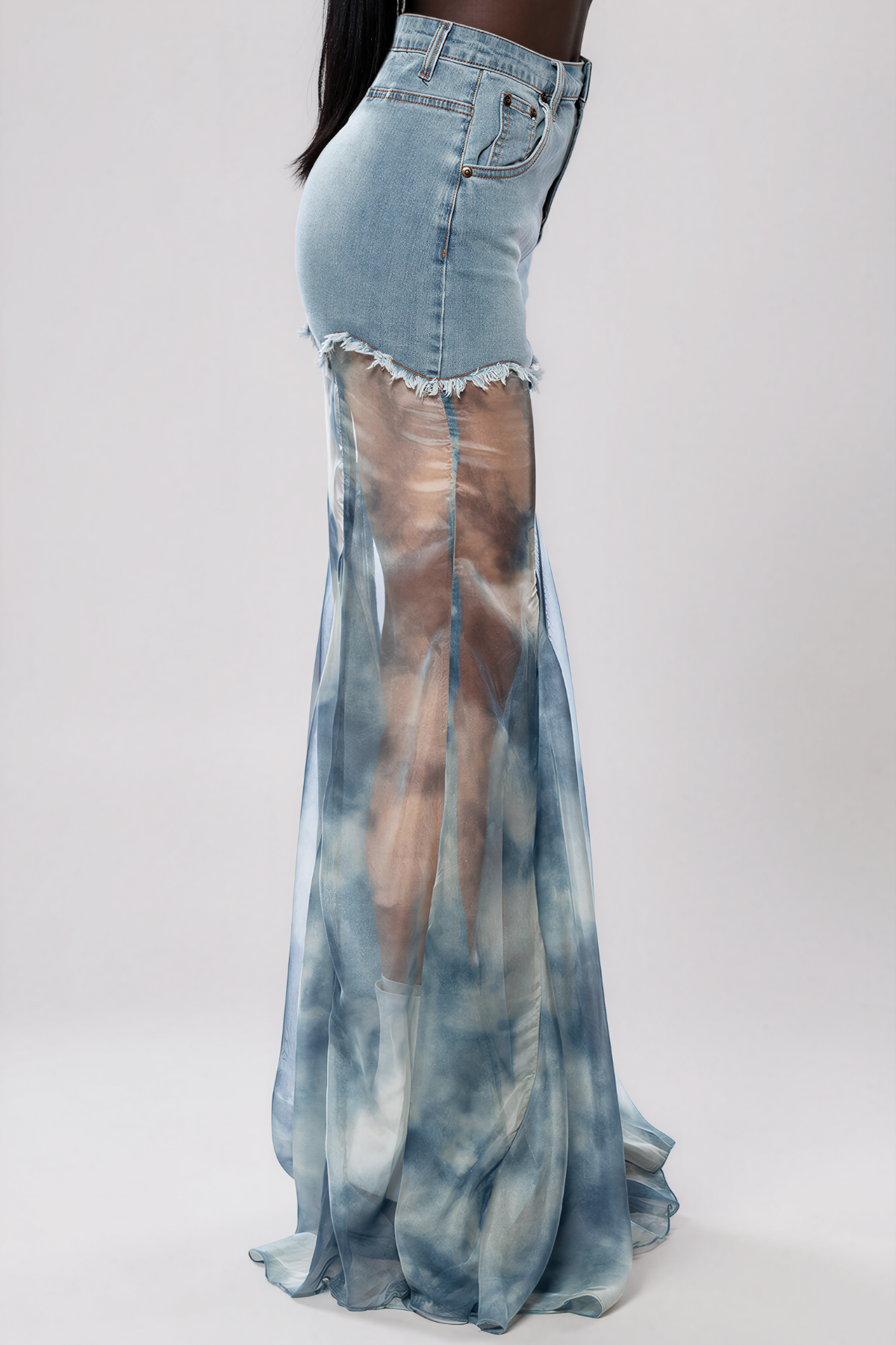 Kerani Denim Mesh Print Maxi Skirt