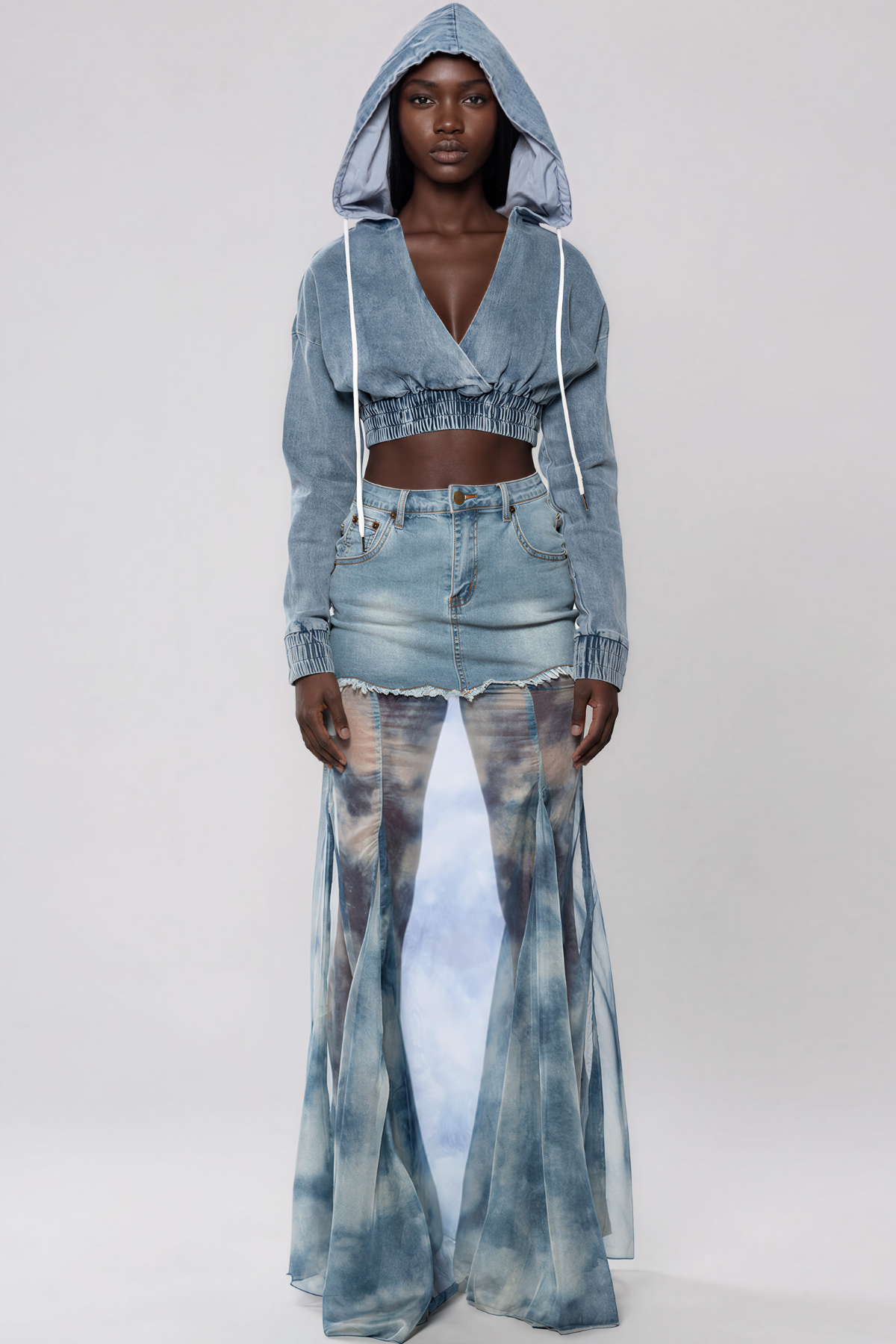 Kerani Denim Mesh Print Maxi Skirt