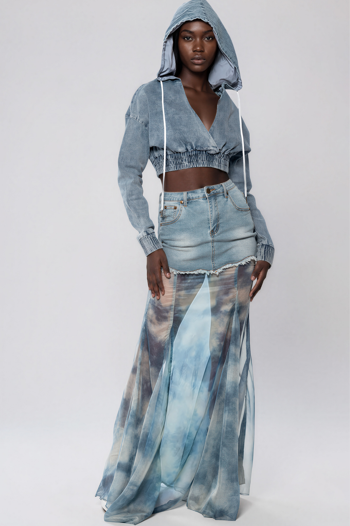 Kerani Denim Mesh Print Maxi Skirt