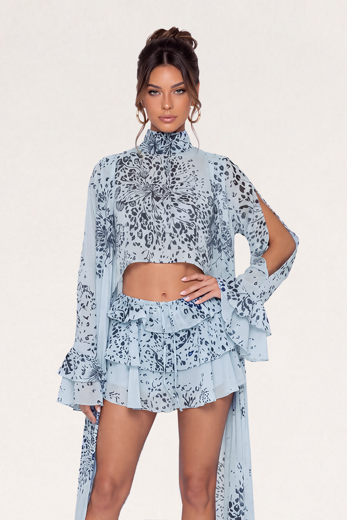 Keren High Neck Leopard Ruffle Skirt Set